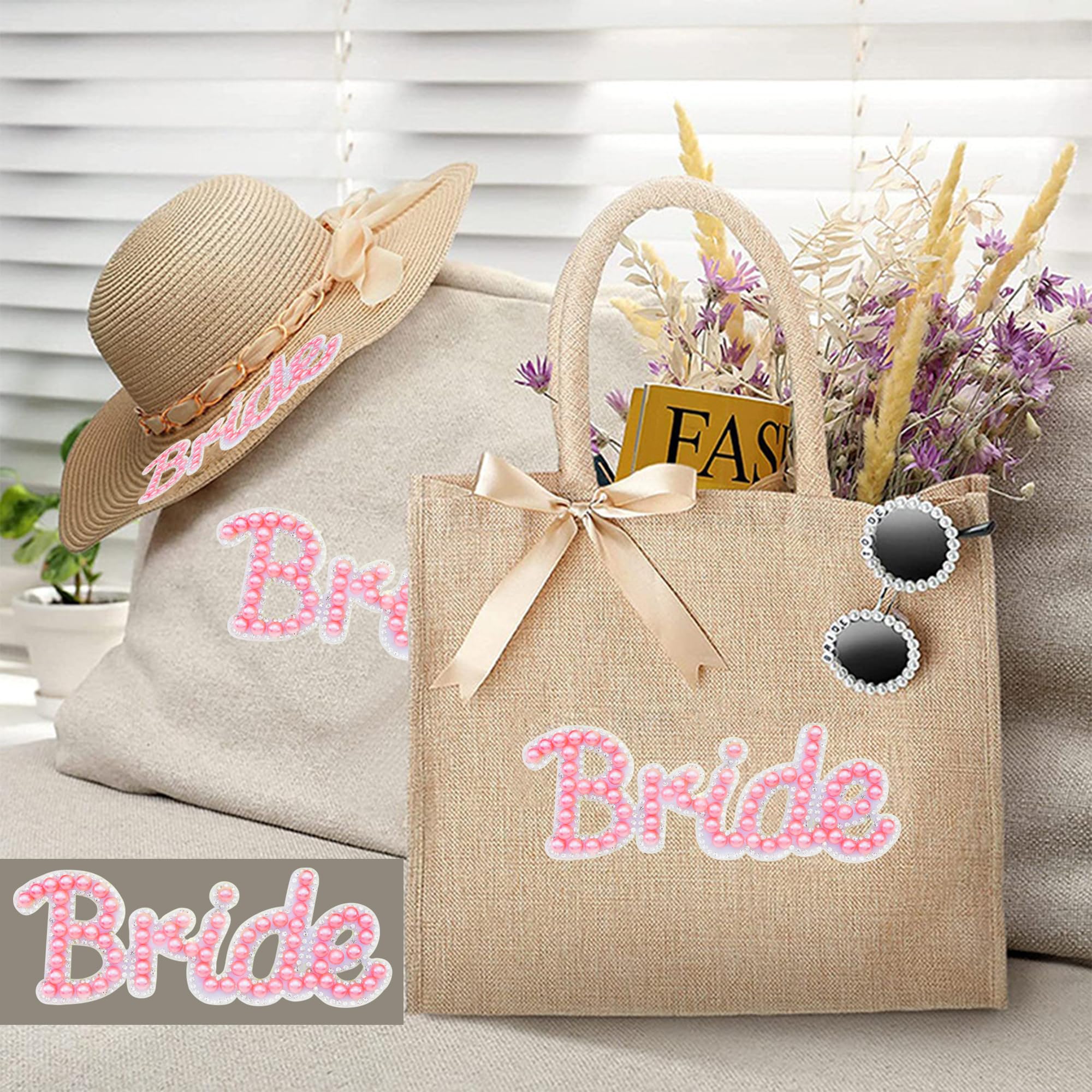 Bride Iron-On Patches - Sparkle Letter & Pearl Embellished Sew-On Appliques for Clothing, Jackets, Bags & Hats - Perfect Wedding Gift & Bridal Party Accessories (Pink)