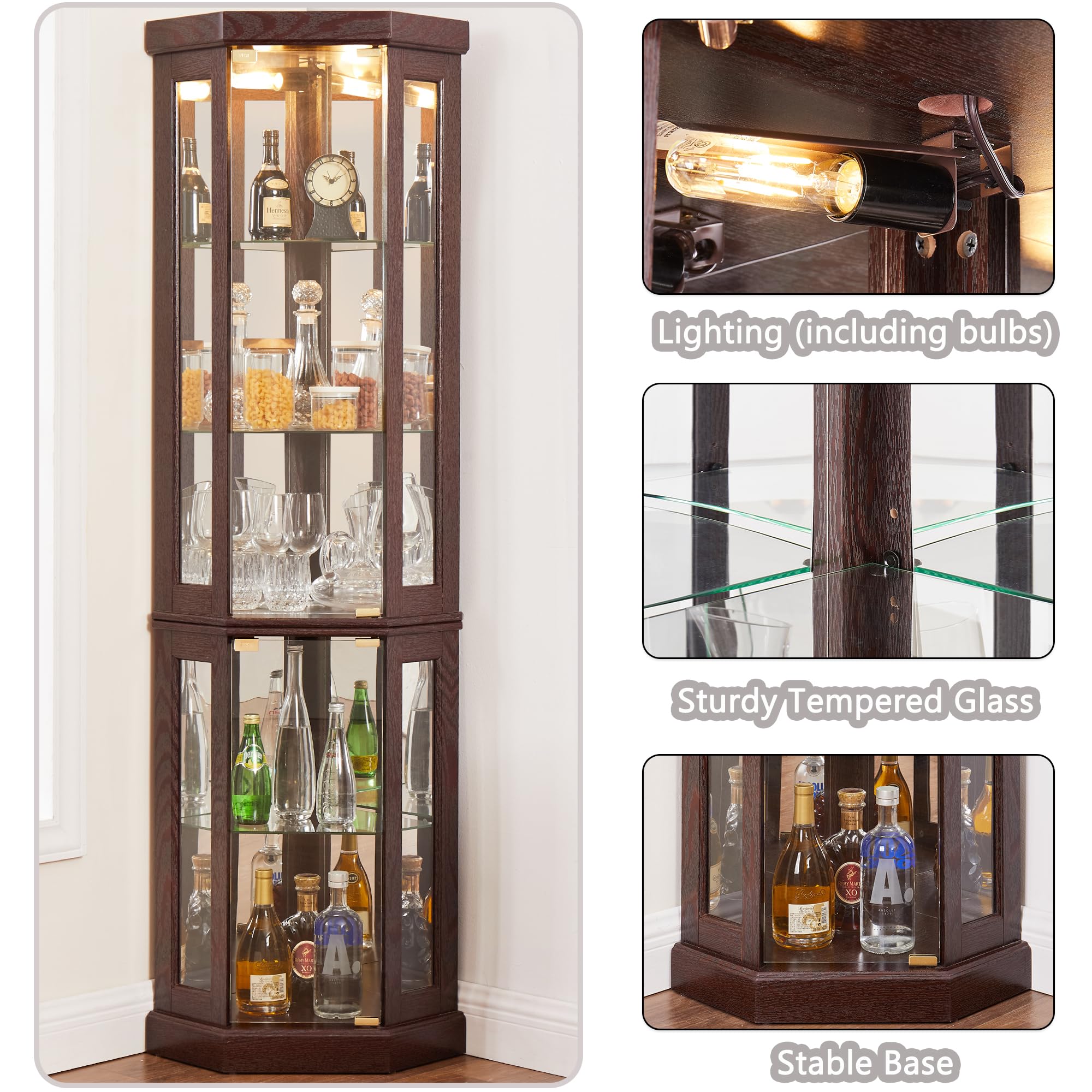 Dark Cherry Corner Curio Cabinet with LED Light - 69