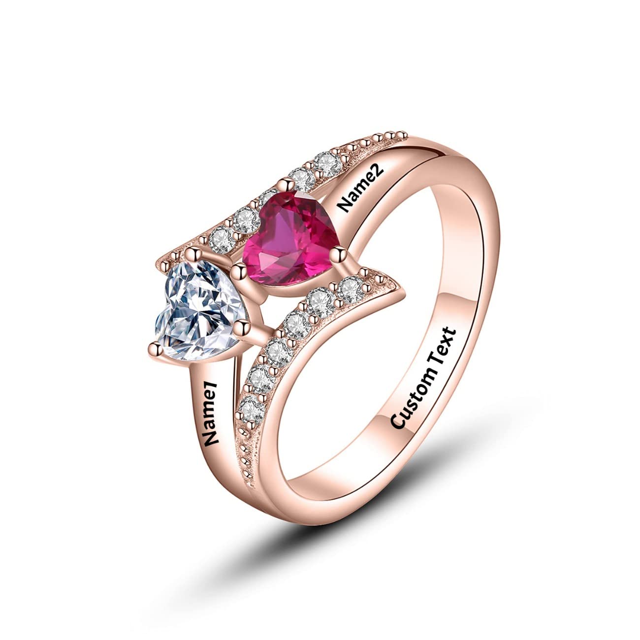 Personalized Engraved 2 Birthstone Double Heart Promise Ring for Couples, Mother Daughter - Custom Name & Date Jewelry Gift for Anniversary, Valentine's Day, Wedding Proposal