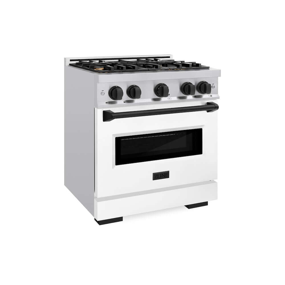 ZLINE Autograph Edition 30 Inch 4.2 cu. ft Stainless Steel Gas Range - 4 Burner Cooktop & Convection Oven with White Matte Door & Black Accents (CGRZ WM 30 MB) | Professional Kitchen Appliance for Home Chefs & Cooking Enthusiasts