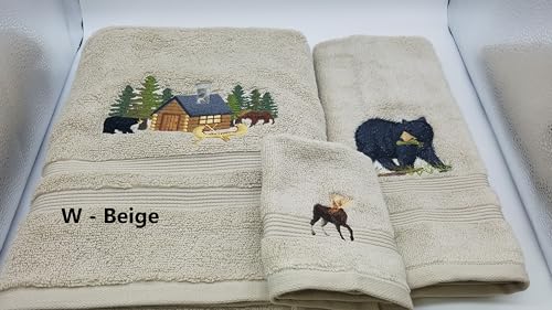 Premium Cabin In The Woods Embroidered Bath Towel Set - Soft Absorbent Cotton Bath Towel/Sheet, Hand Towel & Washcloth - Choose Your Color - Perfect for Spa, Bathroom Decor & Cozy Cabin Retreats