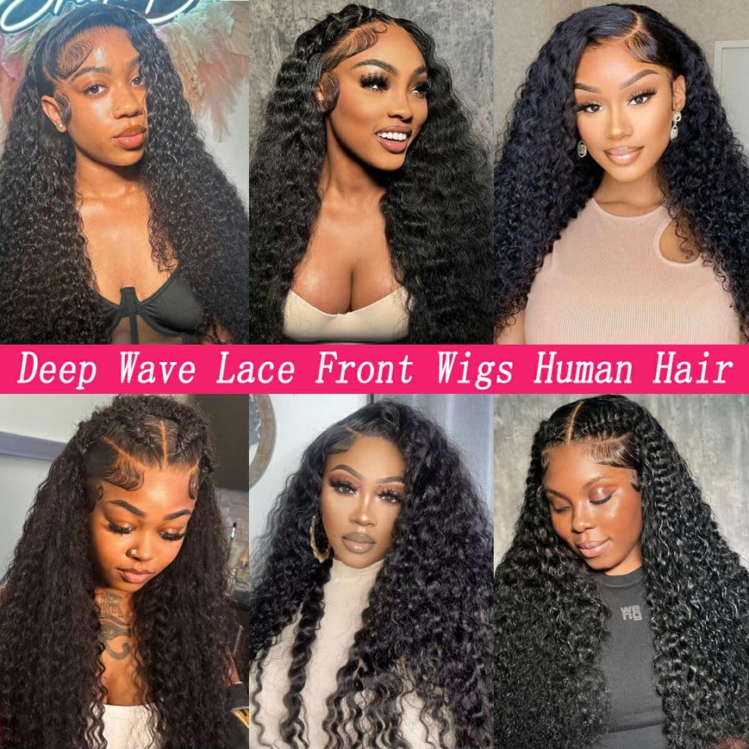 13x4 HD Lace Front Human Hair Wigs - Deep Wave 200% Density Glueless Wig with Pre-Plucked Bleached Knots & Baby Hair | 28 Inch Natural Black Curly Human Hair Wig for Women | Perfect for Daily Wear, Cosplay & Special Occasions