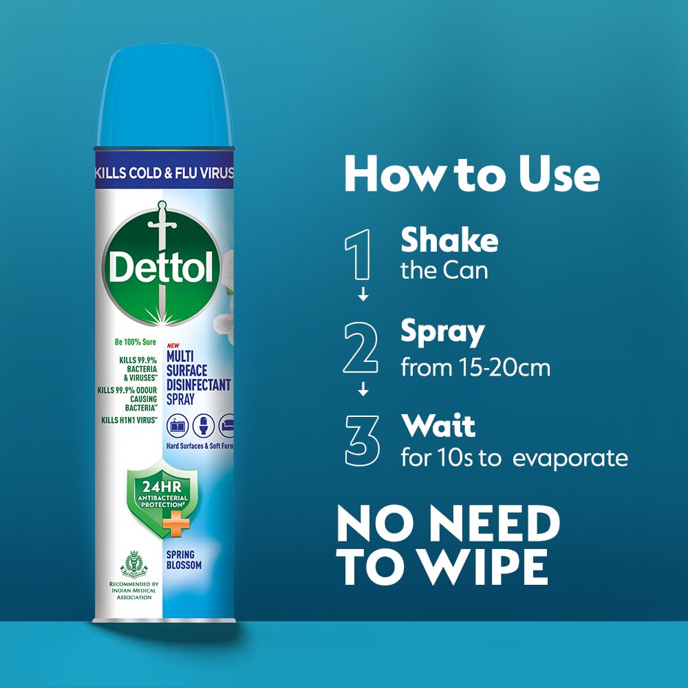 Dettol Multi-Surface Disinfectant Sanitizer Spray Bottle - 24 Hours Antibacterial Protection | Kills 99.9% Germs on Hard & Soft Surfaces | Spring Blossom Scent (225ml, Pack of 2) | Ideal for Home, Office & Travel Use