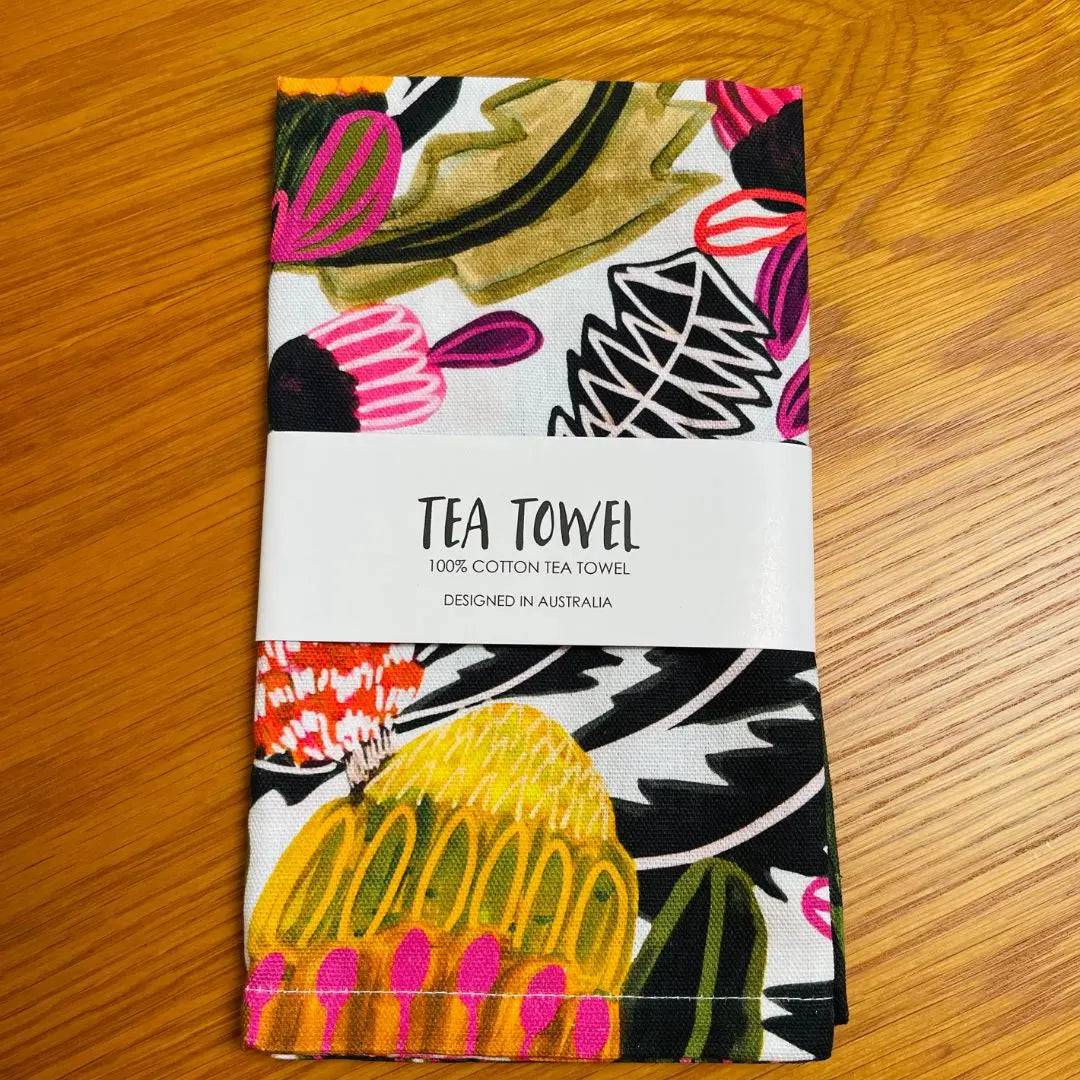 Banksias Designer Tea Towel - Premium Australian Floral Printed Kitchen Towel for Drying Dishes, Decor & Gift Giving - Perfect for Home, Cafe & Hostess Use