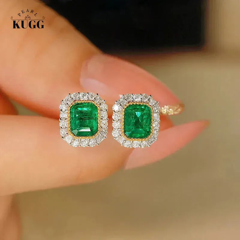 18K White & Yellow Gold Emerald Diamond Stud Earrings for Women | Luxury Natural Gemstone Jewelry | Perfect for Parties, Weddings & Special Occasions