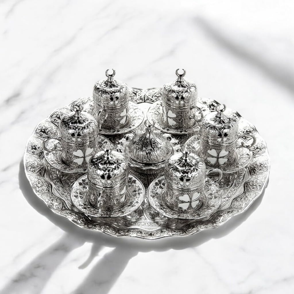 LaModaHome 6-Piece Turkish Espresso Coffee Cup Set with Saucer, Lid, Holder & Tray - Ottoman Tulip Design Porcelain Mugs for Coffee Lovers - Perfect for Arabic, Greek & Turkish Coffee - Ideal Gift & Home Decor Accessory - Silver