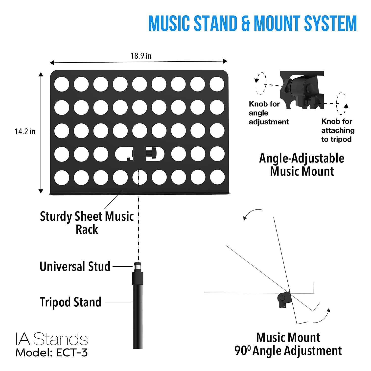 ECT3 Adjustable Music Sheet & Tablet Tripod Stand with Interchangeable Holder - Perfect for Musicians, Performers & Digital Sheet Music Readers