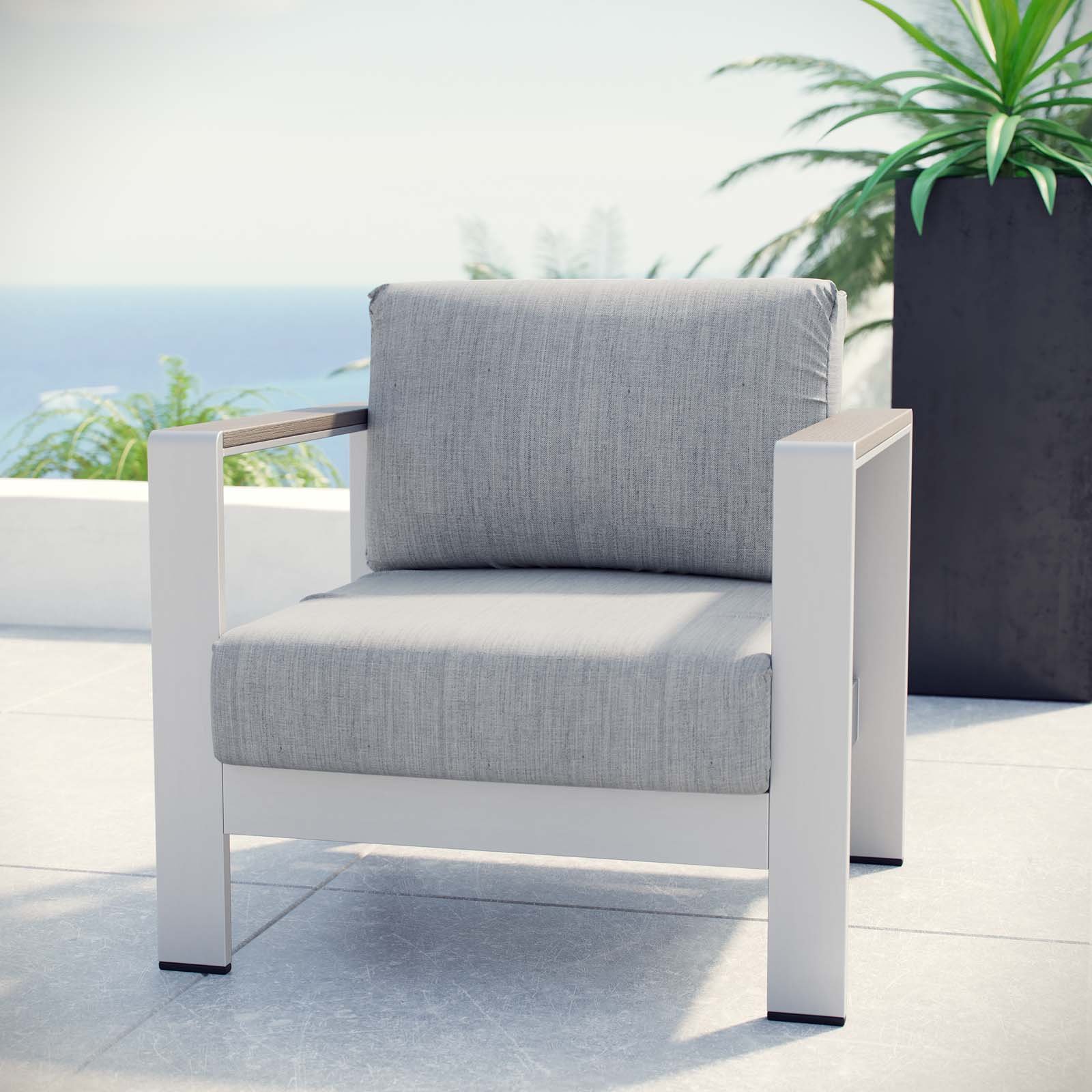 Modway Shore Aluminum Outdoor Patio Armchair - Silver Gray - Weather-Resistant Lounge Chair for Poolside, Garden & Backyard Relaxation
