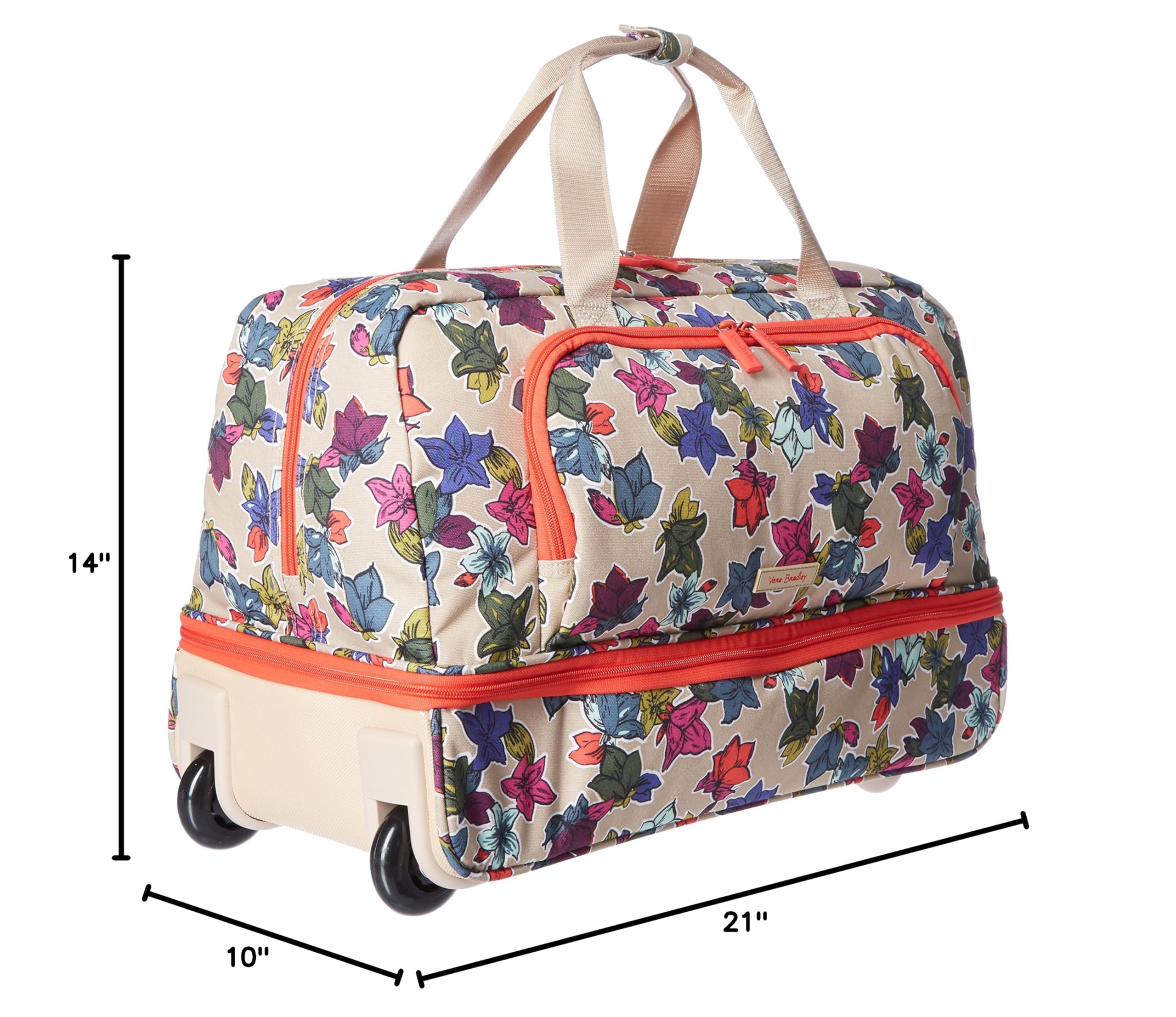 Vera Bradley Women's Lighten Up Wheeled Duffle Carry-On Luggage - Falling Flowers Neutral Pattern, Spacious Travel Bag for Weekend Trips & Airplane Carry-On