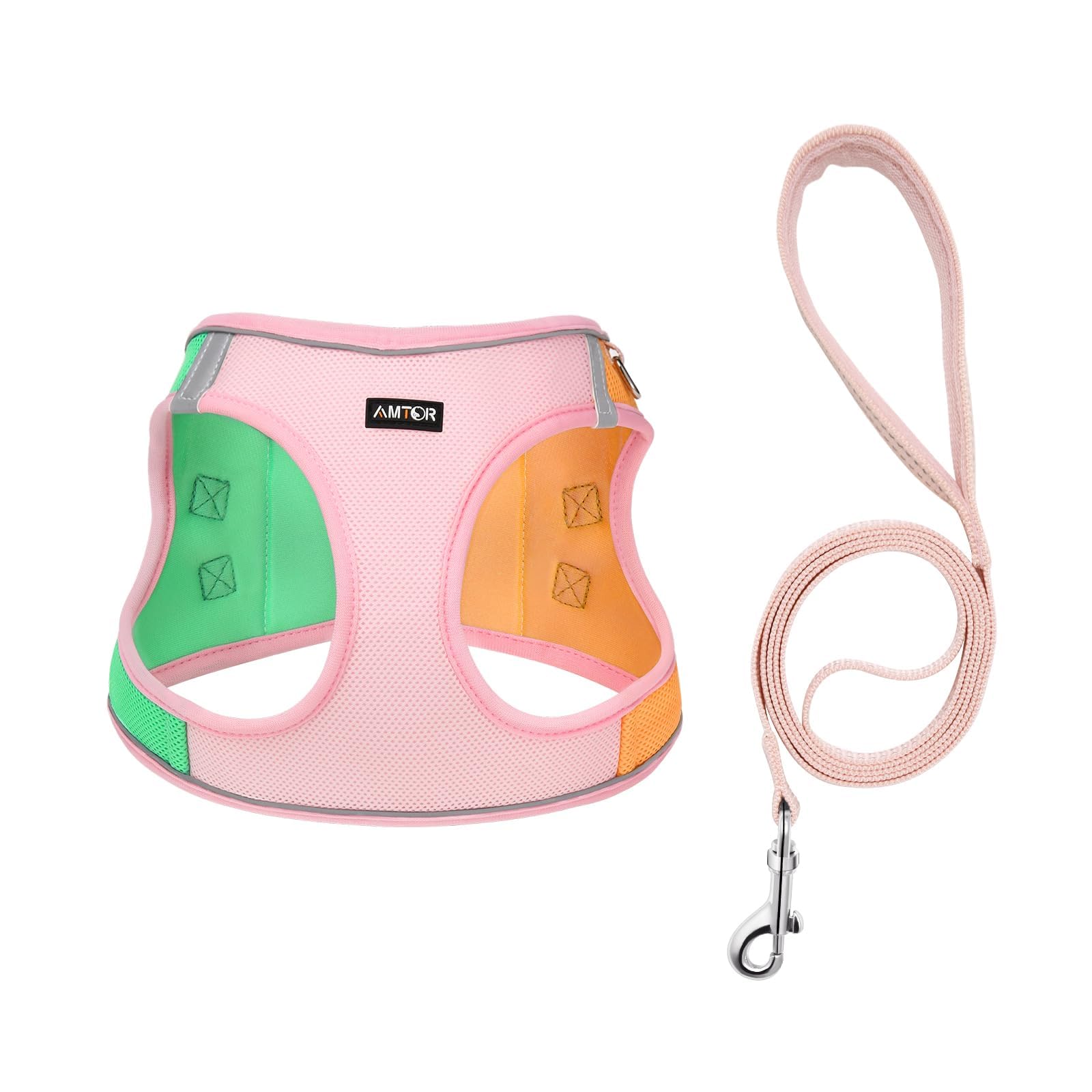 AMTOR Small Dog Harness with Leash Set - No Escape Easy Walk Puppy Harness for Training & Walking - Step-in Reflective Soft Dog Vest for XS, S, M, L Sizes (Pink/Orange) - Perfect for Outdoor Adventures, Night Walks & Puppy Training Sessions
