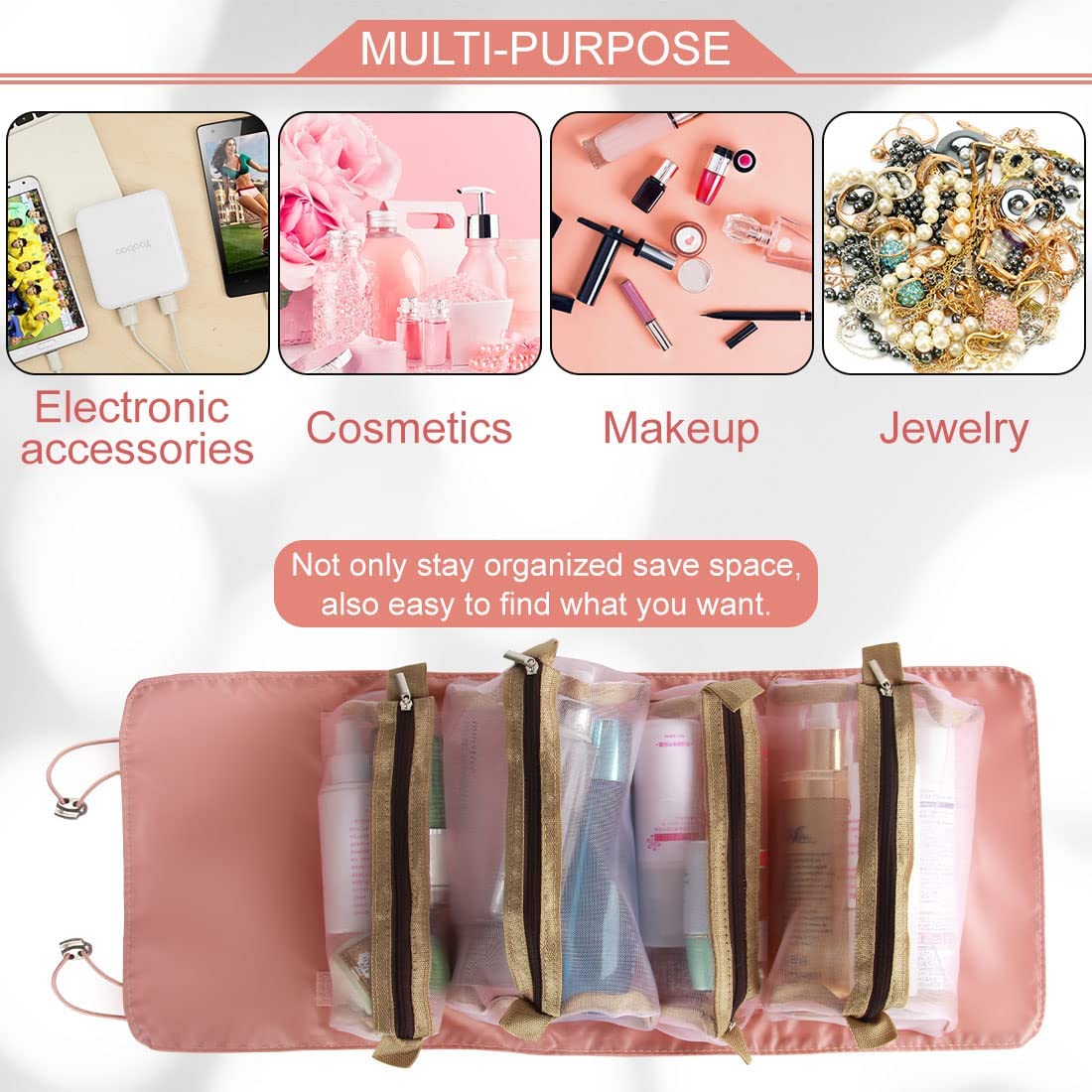 DD Retails 4-in-1 Foldable Hanging Roll Up Makeup Toiletry Bag | Waterproof Travel Cosmetic Organizer for Women | Portable Makeup Storage Pouch | Perfect for Vacation, Gym & Business Trips (1 Pack)
