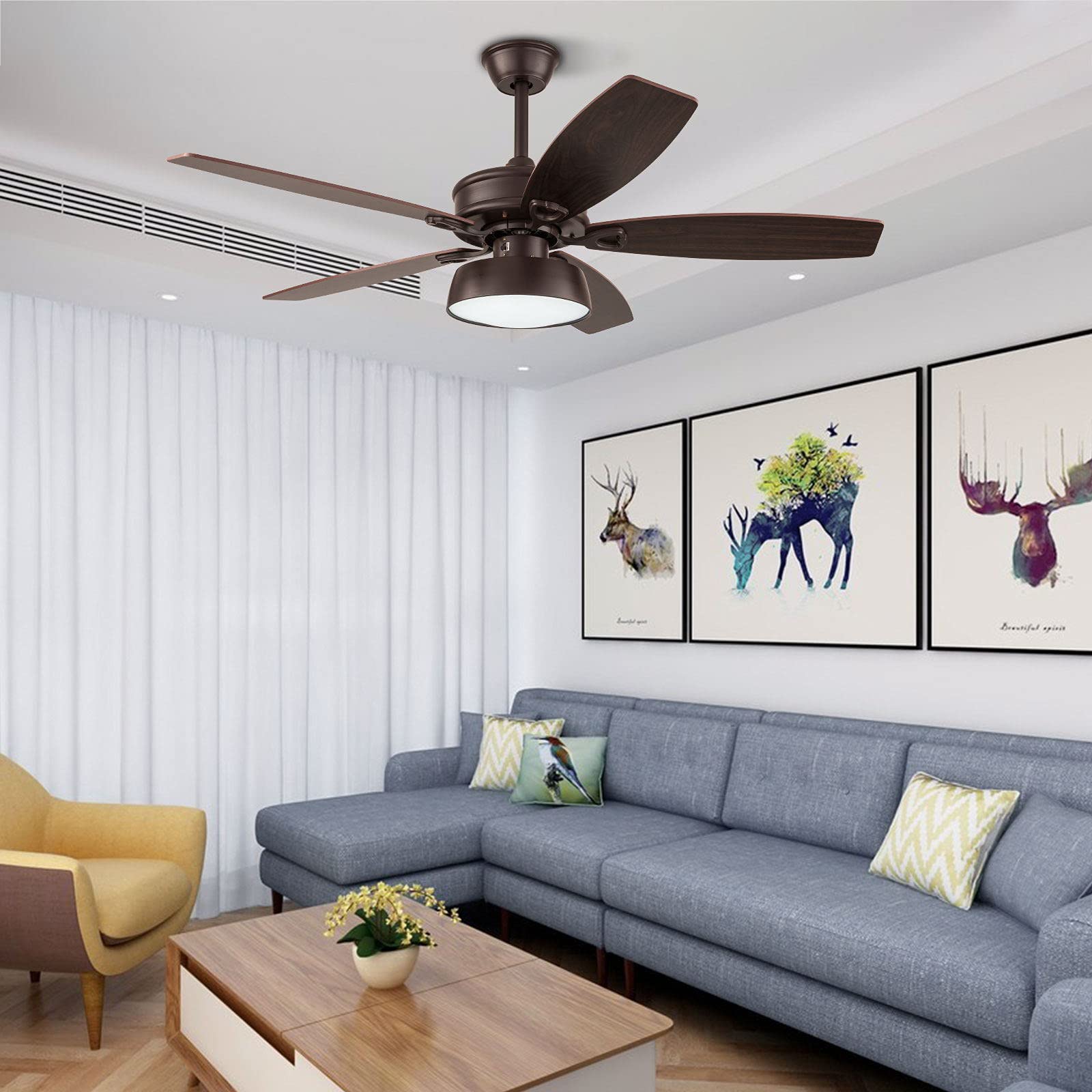 52 Inch Low Profile Ceiling Fan with Light Kit & Remote Control - 5 Reversible Blades, 3 Lights, 3 Speeds - Oil Rubbed Bronze Finish - Perfect for Bedroom, Living Room, Office & Indoor Spaces