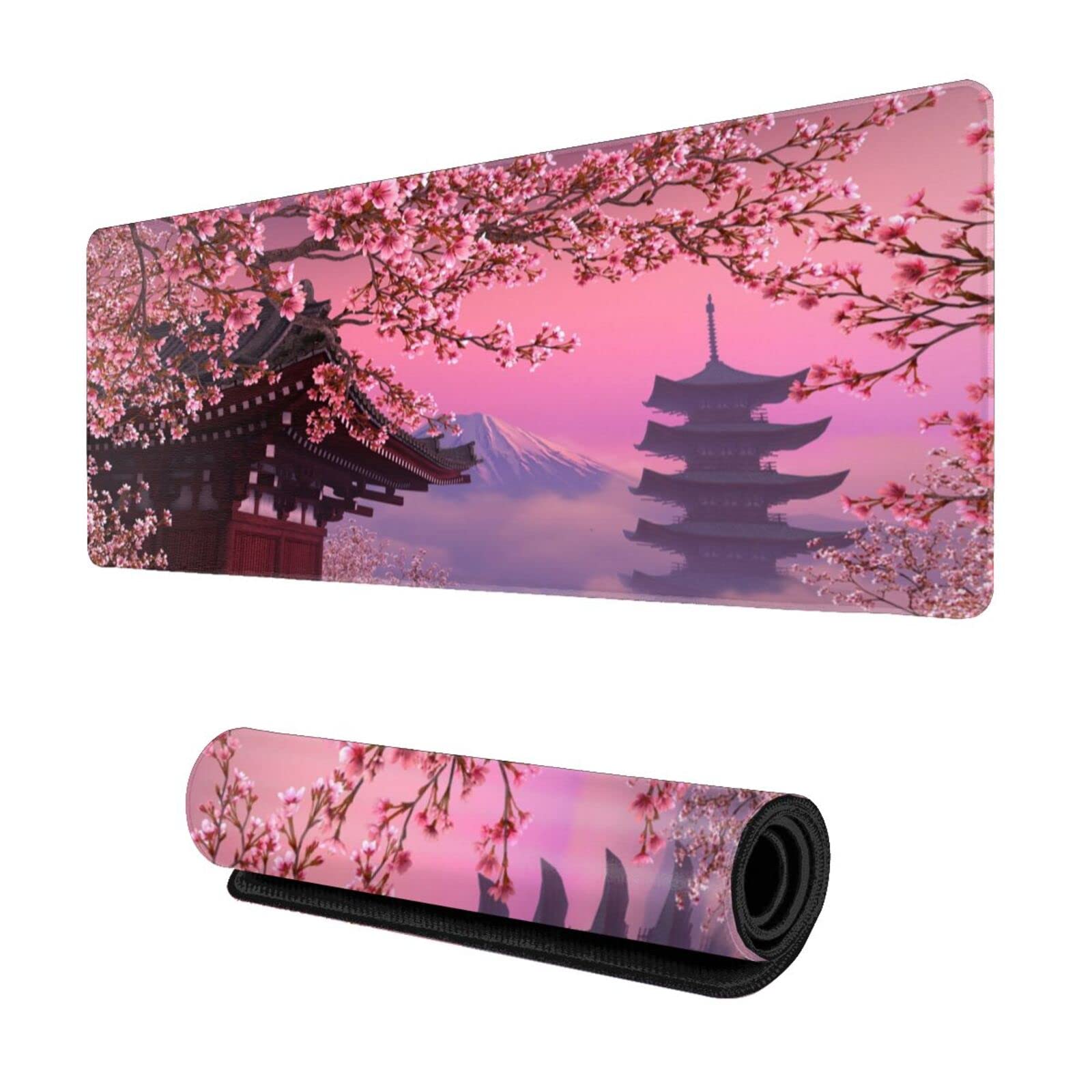 Japanese Sakura Cherry Blossom Gaming Mouse Pad - Extra Large XL Extended Mouse Mat with Stitched Edges & Non-Slip Rubber Base - Perfect for Gaming, Office Work, and Home Computer Desks - Beautiful Landscape Scenic Design