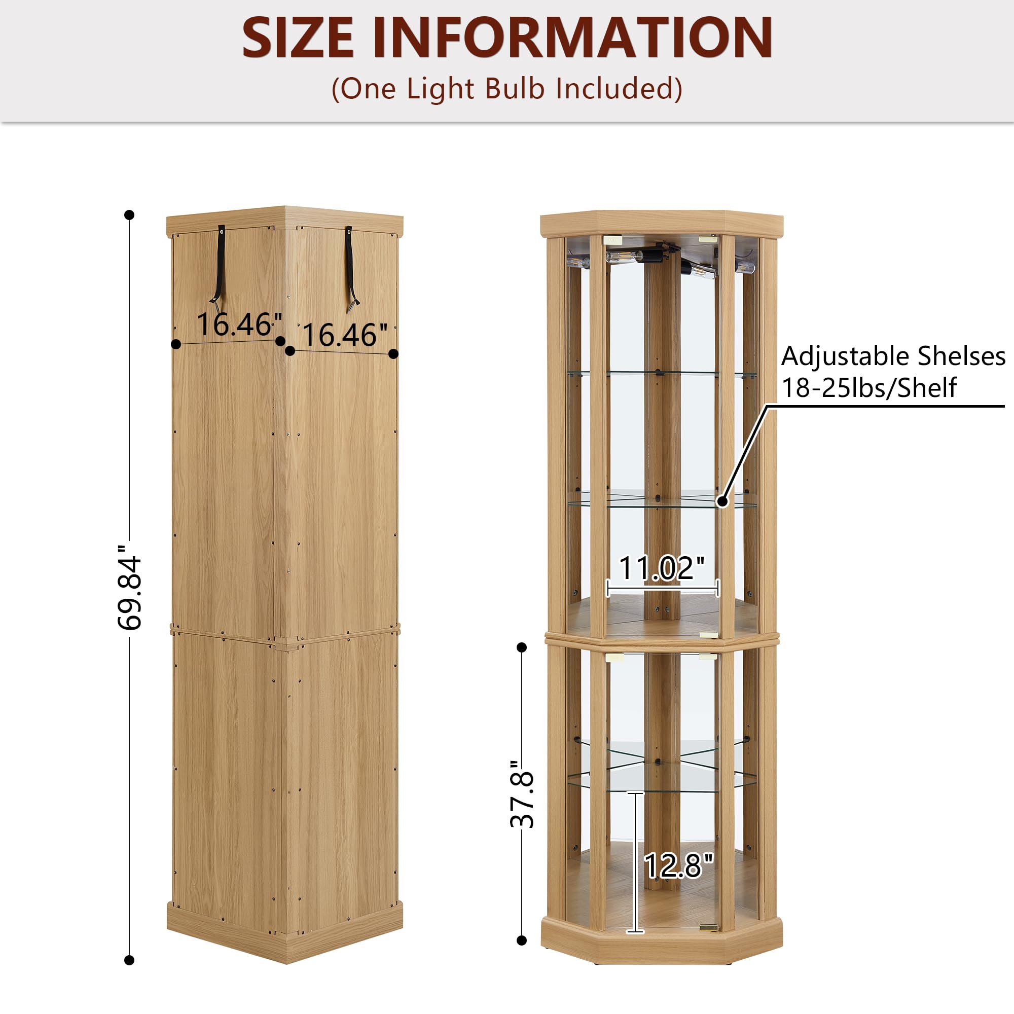 Dolonm Corner Curio Cabinet with LED Lighting - Glass Door Display Cabinet with Adjustable Shelves & Mirrored Back - Perfect for Living Room, Dining Room or Bedroom Decor - Natural Finish