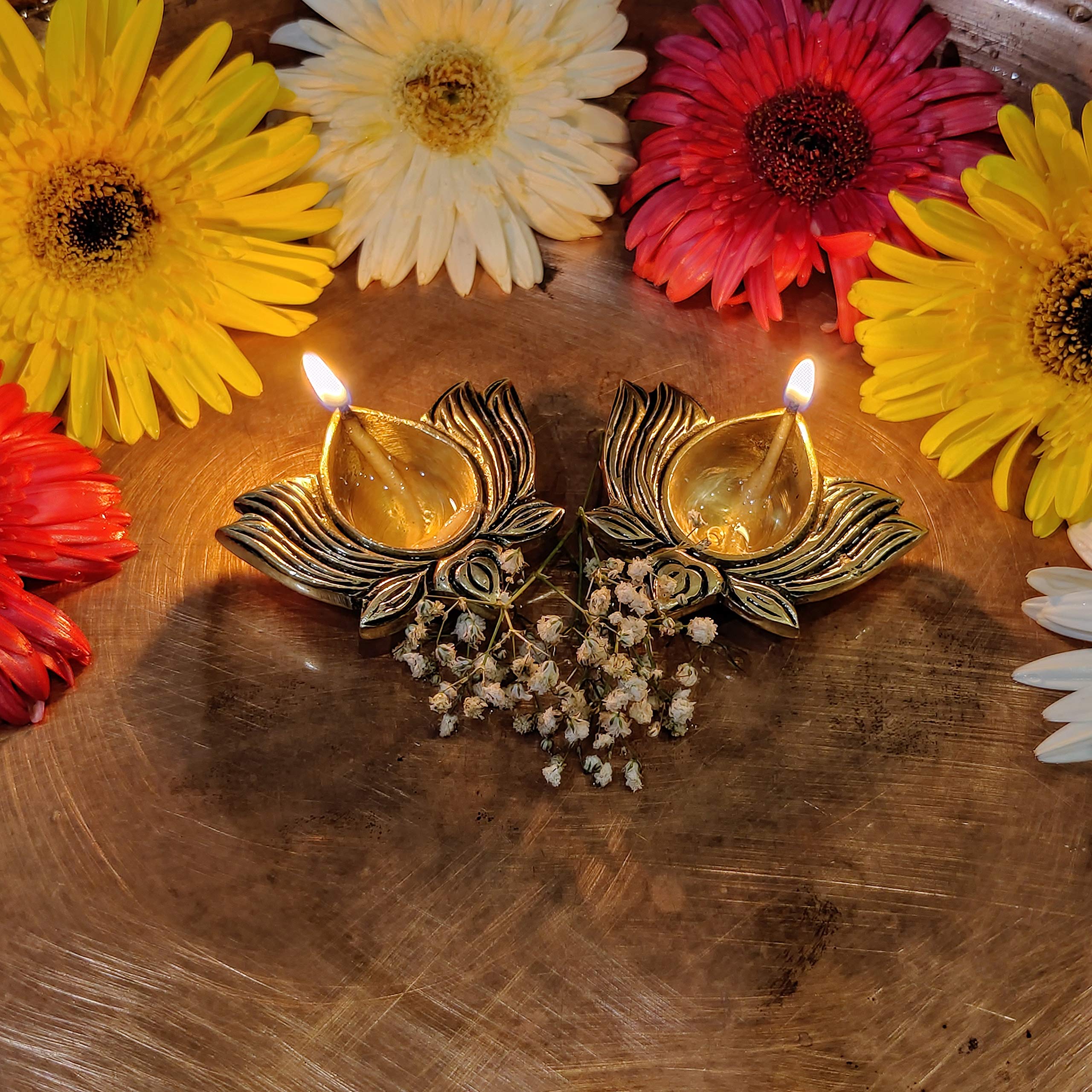 Authentic Indian Diwali Brass Oil Lamp Set of 10 - Handcrafted Pooja Diya for Hindu Puja, Mandir & Home Decor - Gold Finish Diyas with Wicks for Festival, Wedding & Spiritual Ceremonies