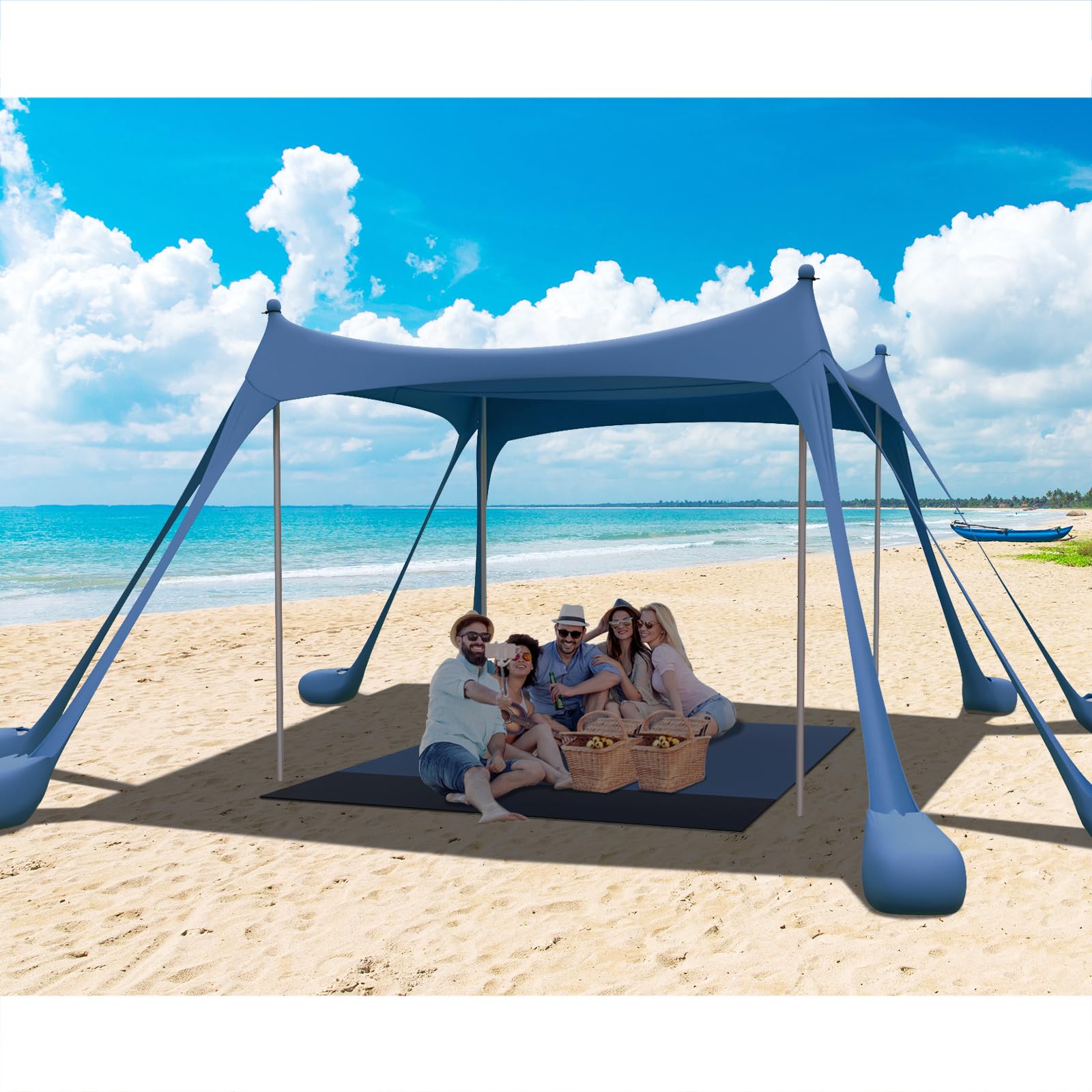 UPF50+ Beach Tent & Sun Shelter with Beach Mat, 2 Sand Shovels, 8 Sandbags, Ground Pegs & Stability Poles - Portable Outdoor Canopy for Camping, Fishing, Picnics, Beach Days & Family Outings (Navy Blue)