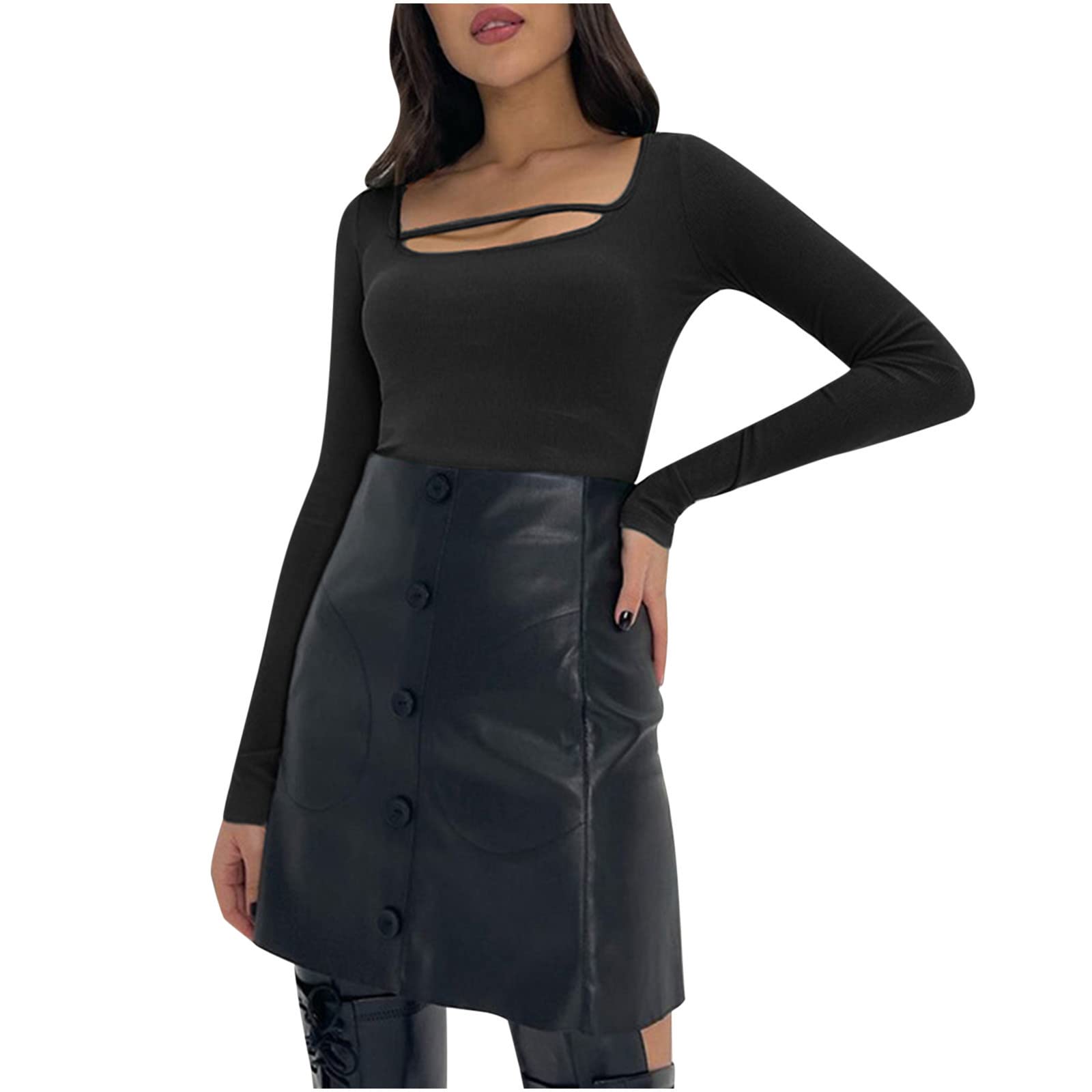 Women's Slim Fit Ribbed Long Sleeve Jumpsuit Top - U Neck Hollow Out Pullover for Casual Wear | Sexy & Versatile Outfit for Date Night, Party or Everyday Fashion