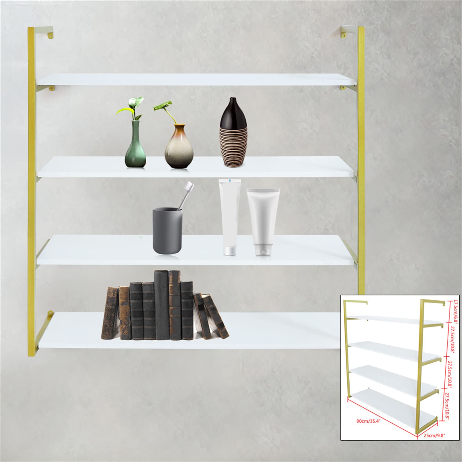 DYRABREST 4-Tier Floating Wall Shelves - Rustic Wood Wall Mounted Bookshelf for Living Room, Office, Bedroom - Gold Finish | Perfect for Home Decor, Book Storage & Displaying Decorative Items