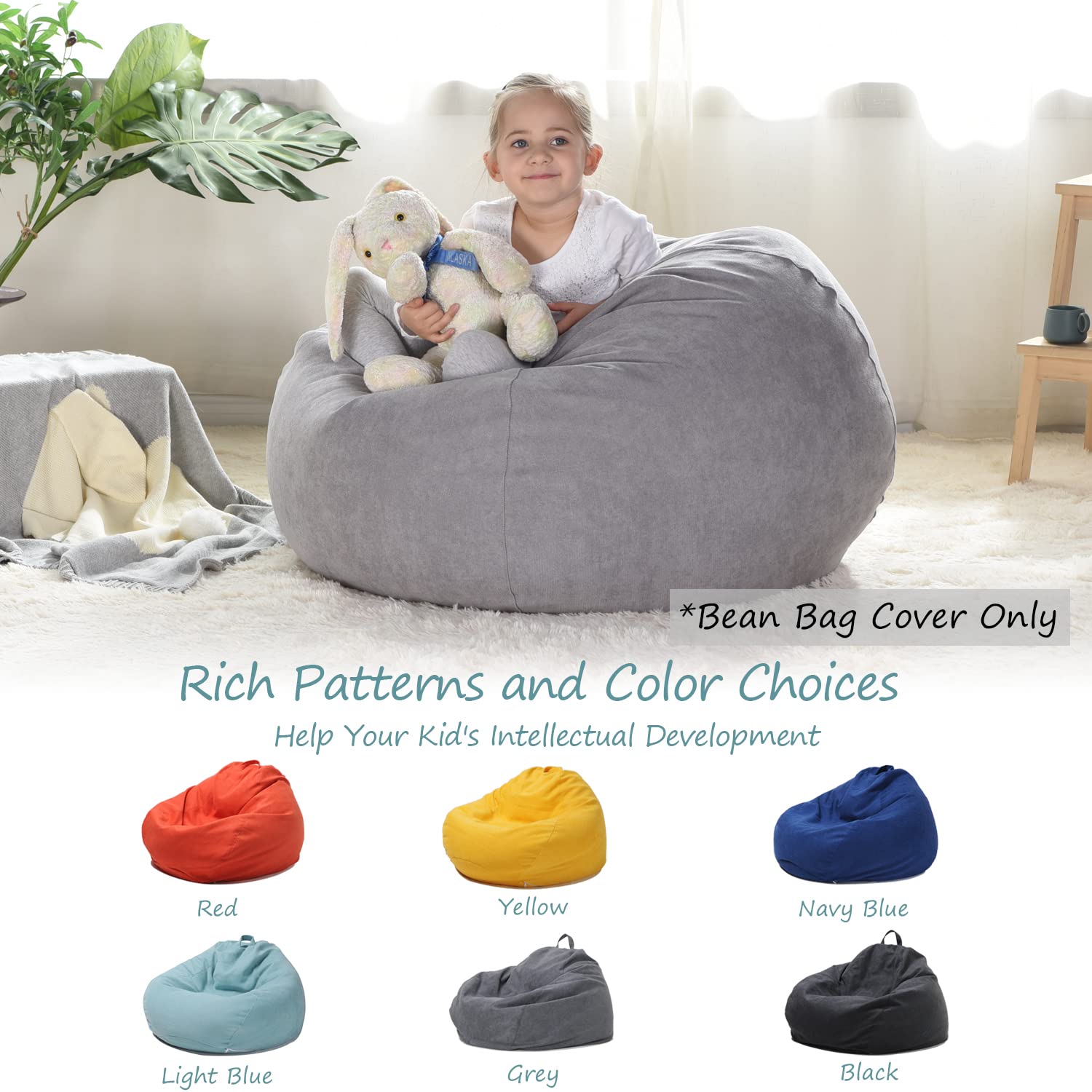 YuppieLife Extra Large 38'' Stuffed Animals Bean Bag Chair Cover - Grey (Just Cover, No Filling) | Kids Toy Storage & Organization | Perfect for Playrooms, Bedrooms & Daycare Centers