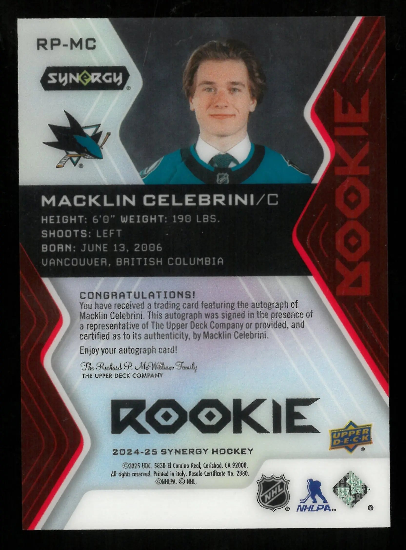 2024-25 Upper Deck Synergy Hockey Macklin Celebrini Rookie Card Auto Autograph /25 - Collectible Sports Memorabilia for NHL Fans & Card Collectors