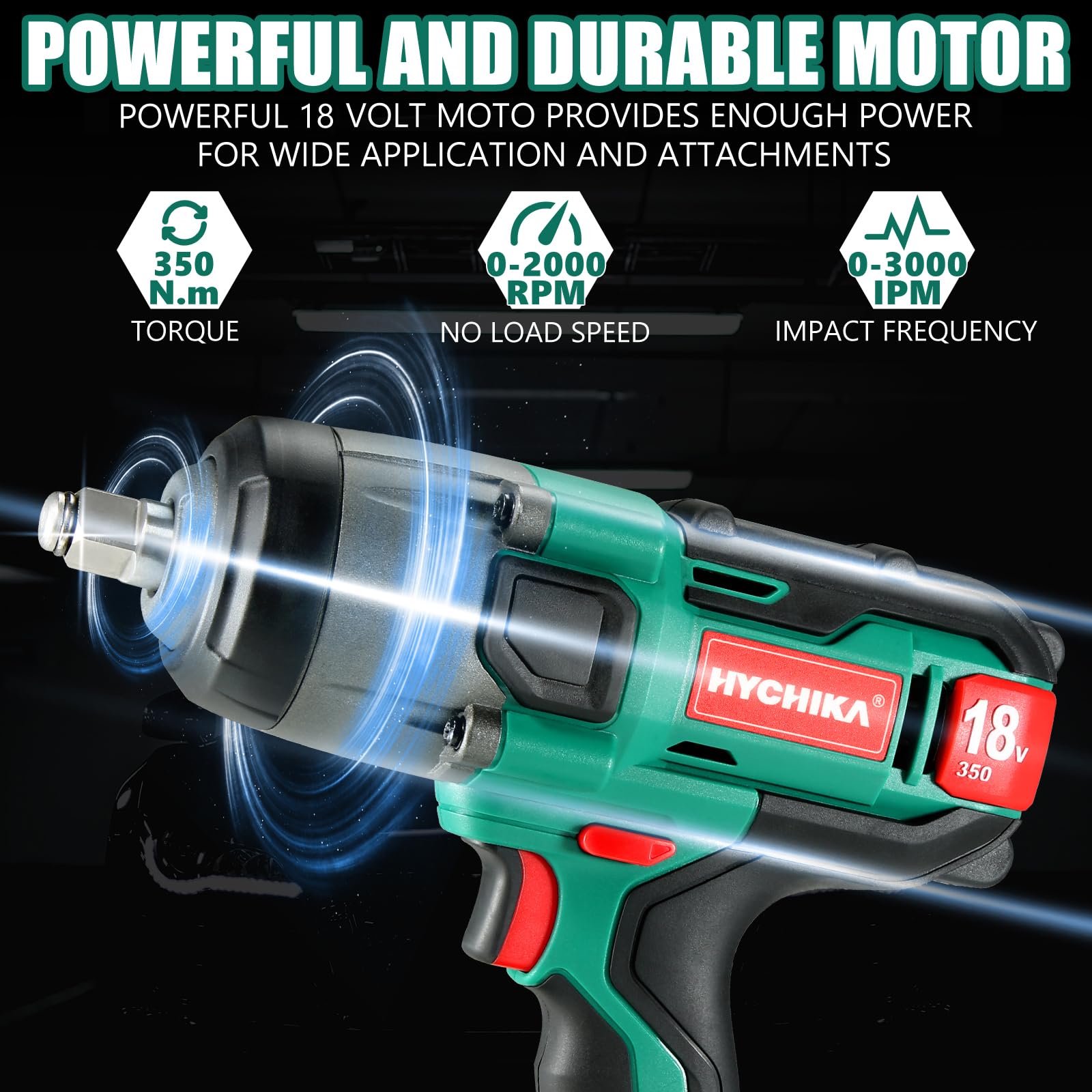 HYCHIKA 18V Cordless Impact Wrench - 350 N.m Max Torque, 4.0Ah Battery & Fast Charger Included - Powerful Electric Impact Gun for Automotive Repair, Construction & DIY Projects