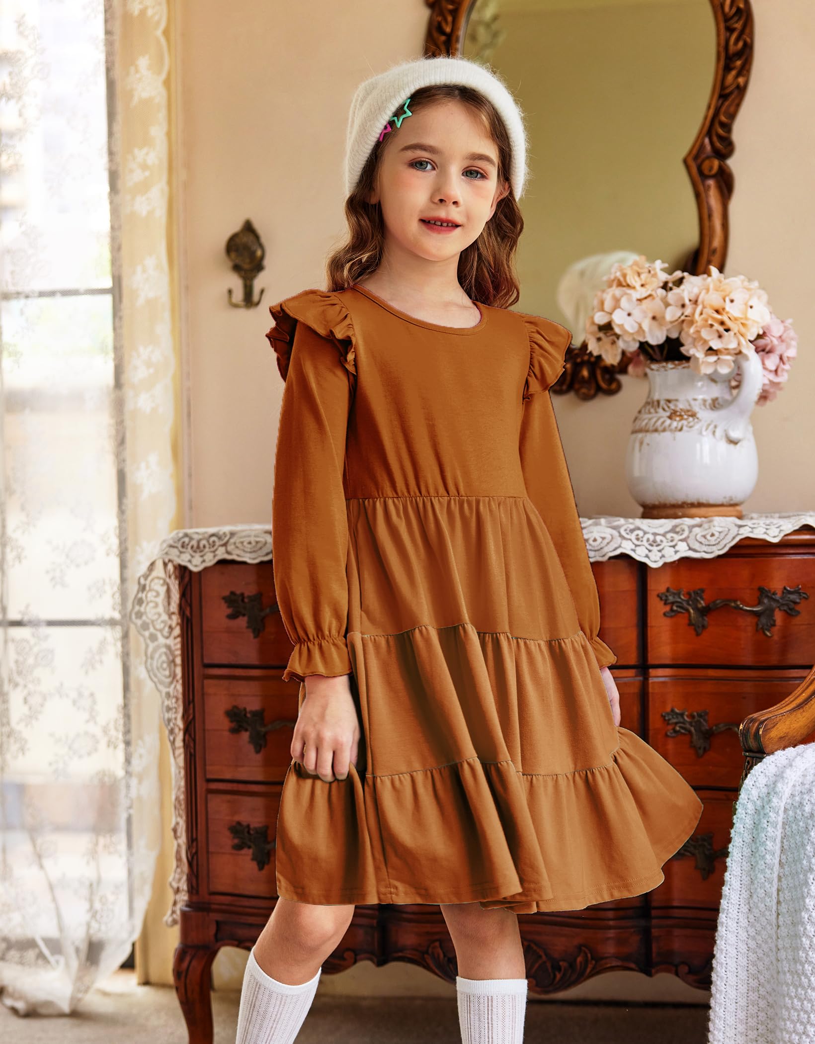 Arshiner Girls Ruffle Sleeve Tiered Flared Midi Dress with Pockets - Fall Flowy Party Dress for Kids, School, Birthday & Special Occasions
