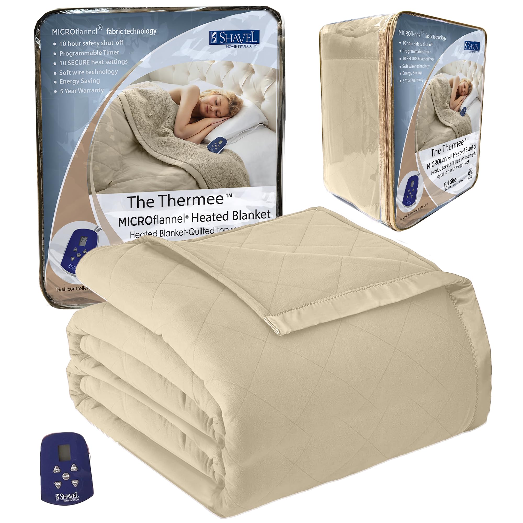 Thermee Micro Flannel Full Size Heated Blanket - 10 Heat Settings, Programmable Electric Warming Blanket, Ultra Soft & Fast Heating Throw for Home, Office & Bed - Perfect for Winter Nights & Cold Weather - Tan
