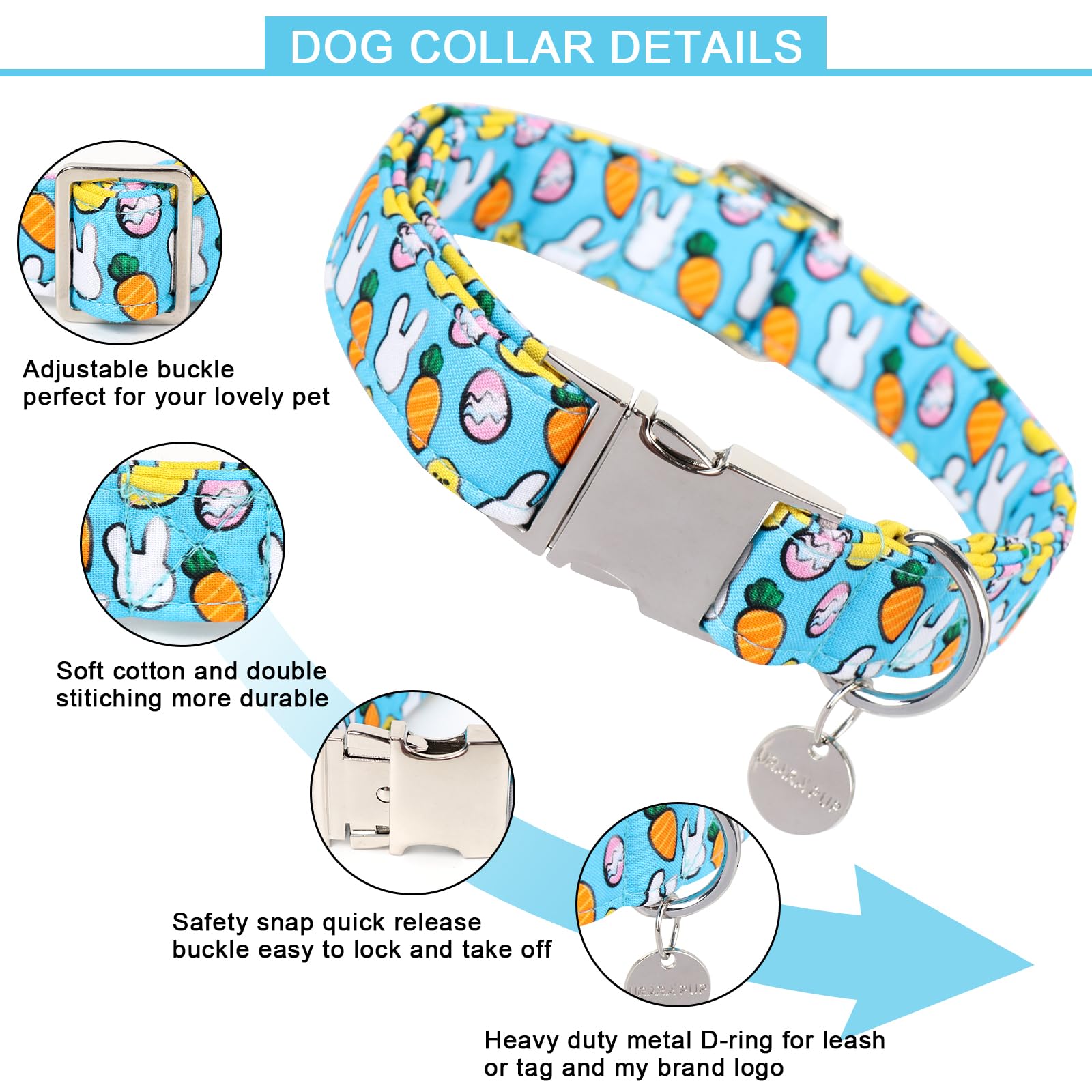Easter Dog Collar for Small Dogs & Cats - Cotton Bunny Rabbit Egg Design with Metal Buckle - Cute Carrot Pet Collar for Puppy Girl & Boy - Perfect Easter Gift for Pets & Holiday Dress Up