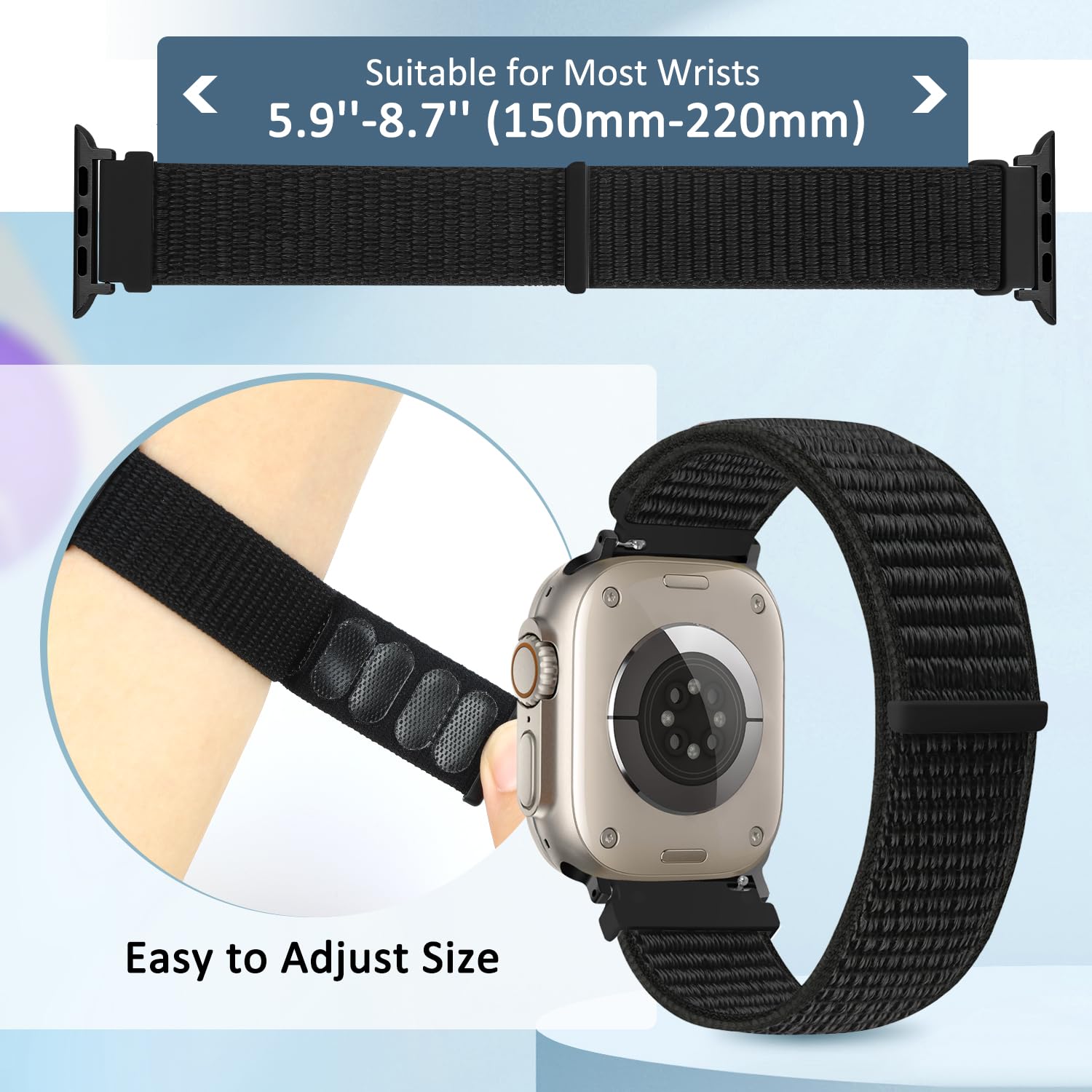 BTTNG Nylon Bands for Apple Watch - Compatible with Ultra/Ultra 2/Series SE 10/9/8/7/6/5/4/3/2/1 - 49mm 45mm 44mm 42mm 41mm 40mm 38mm - Breathable Sport Loop Strap for Women & Men - Perfect for Running, Gym Workouts & Everyday Wear