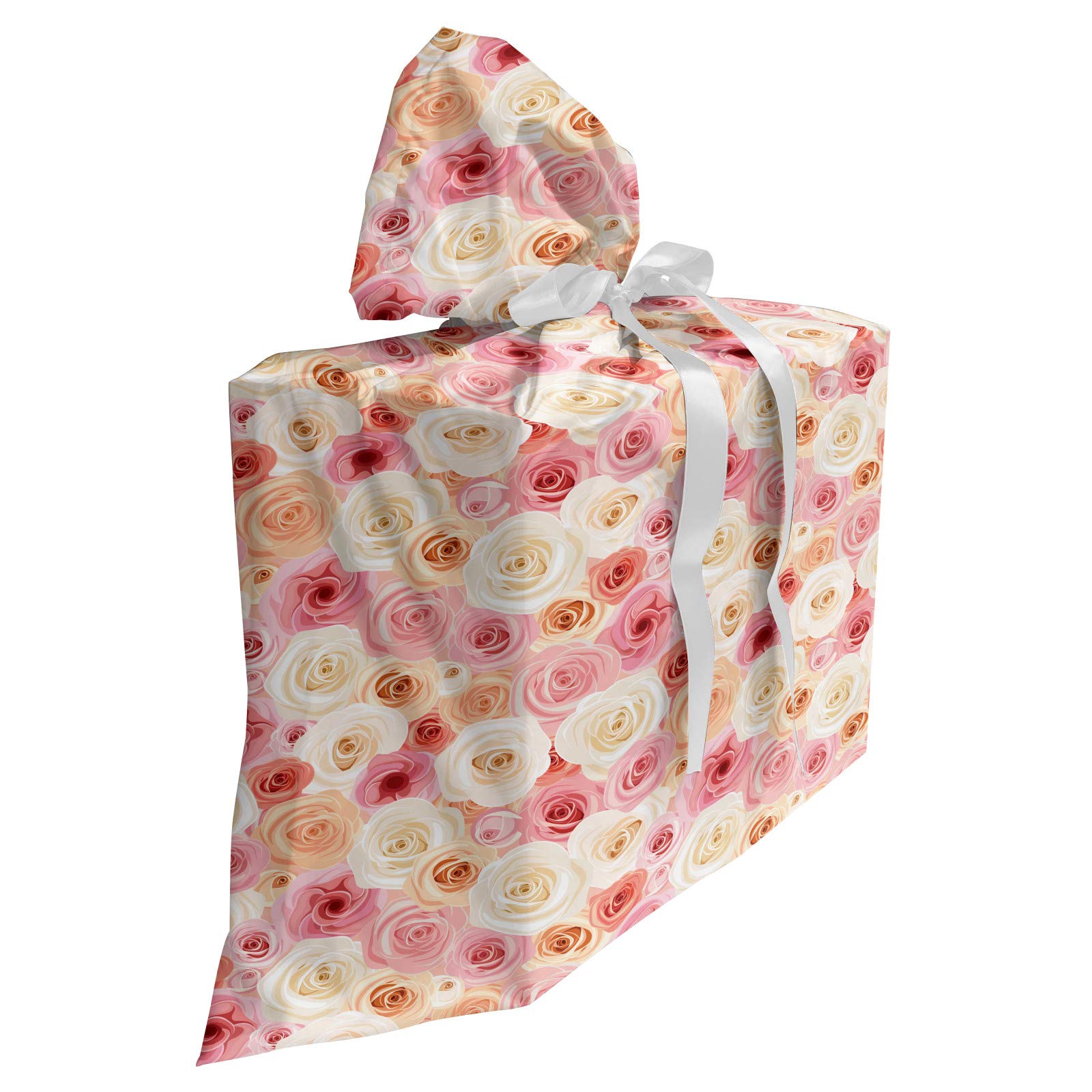 Ambesonne Rose Fabric Gift Bag - Romantic Pastel Rose Petals & Buds Design with 3 Ribbons, 27