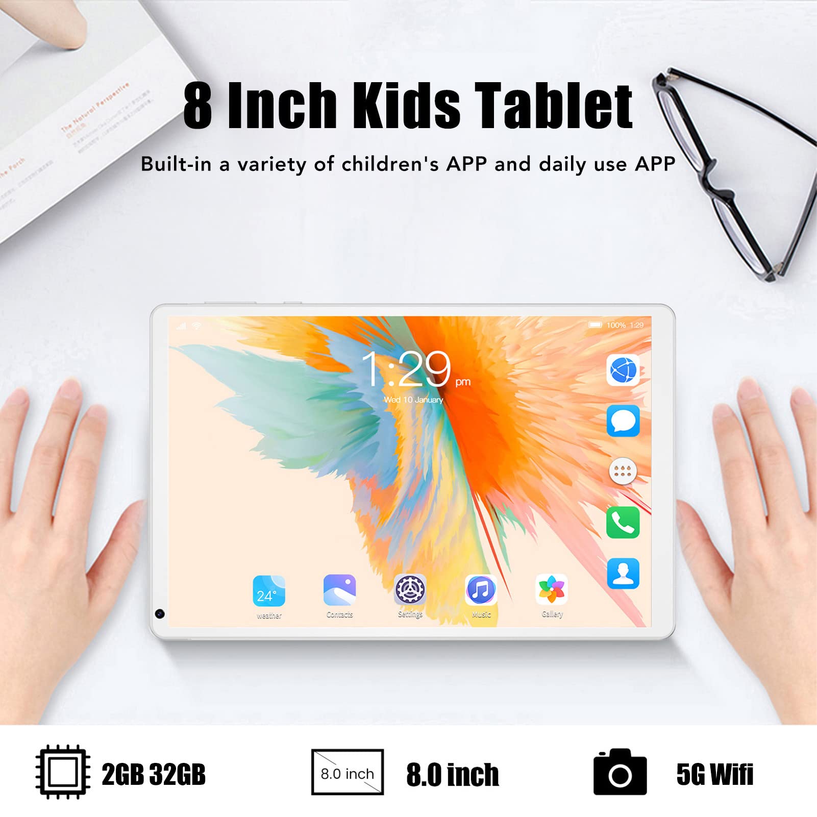 8 Inch Kids Tablet with Octa-Core Processor, 2GB RAM 32GB Storage, Dual Camera & IPS Screen - Educational Learning Tablet for Toddlers Ages 6-12, WiFi Bluetooth 4500mAh Battery (Black/White) - Perfect for Homeschooling, Travel & Interactive Play