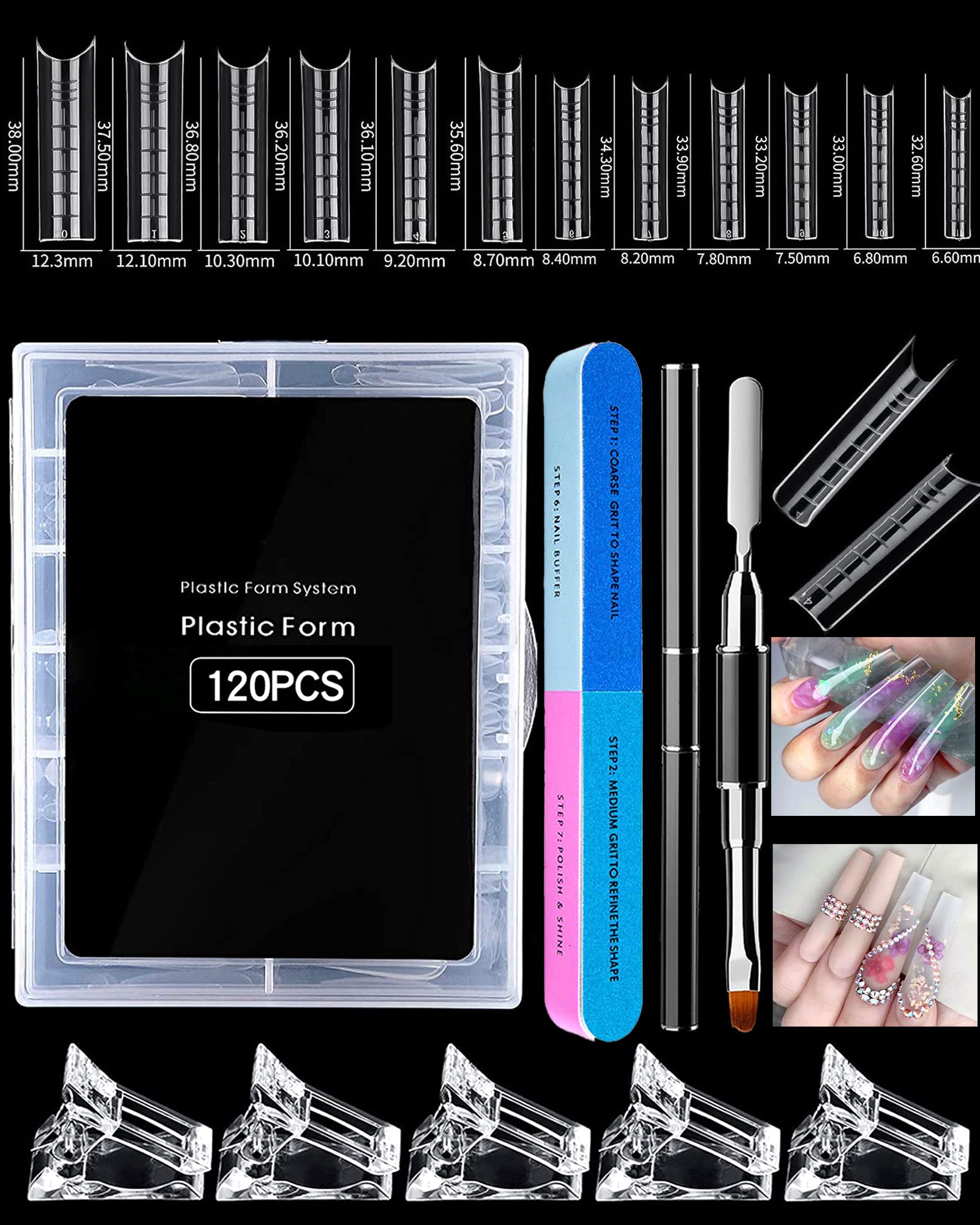 NAISKA 120Pcs Clear Acrylic Coffin Nail Forms Set - 12 Sizes Gel Nail Extension Mold Kit with Dual-Ended Polygel Brush, 7-Way Nail File & 5 Nail Tools | Professional DIY Manicure & Nail Art Supplies for Salon & Home Use
