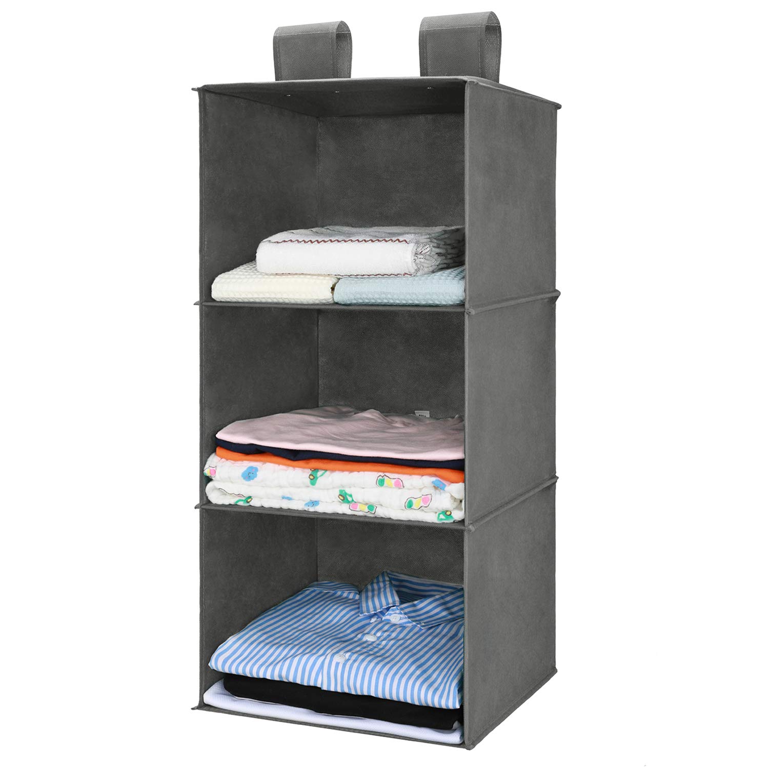 MaidMAX 3-Tier Foldable Hanging Closet Organizer Shelf with 2 Wide Straps - Space Saving Storage for Clothes, Accessories & Shoes - Perfect for Bedroom, Dorm, RV & Small Spaces (Gray)