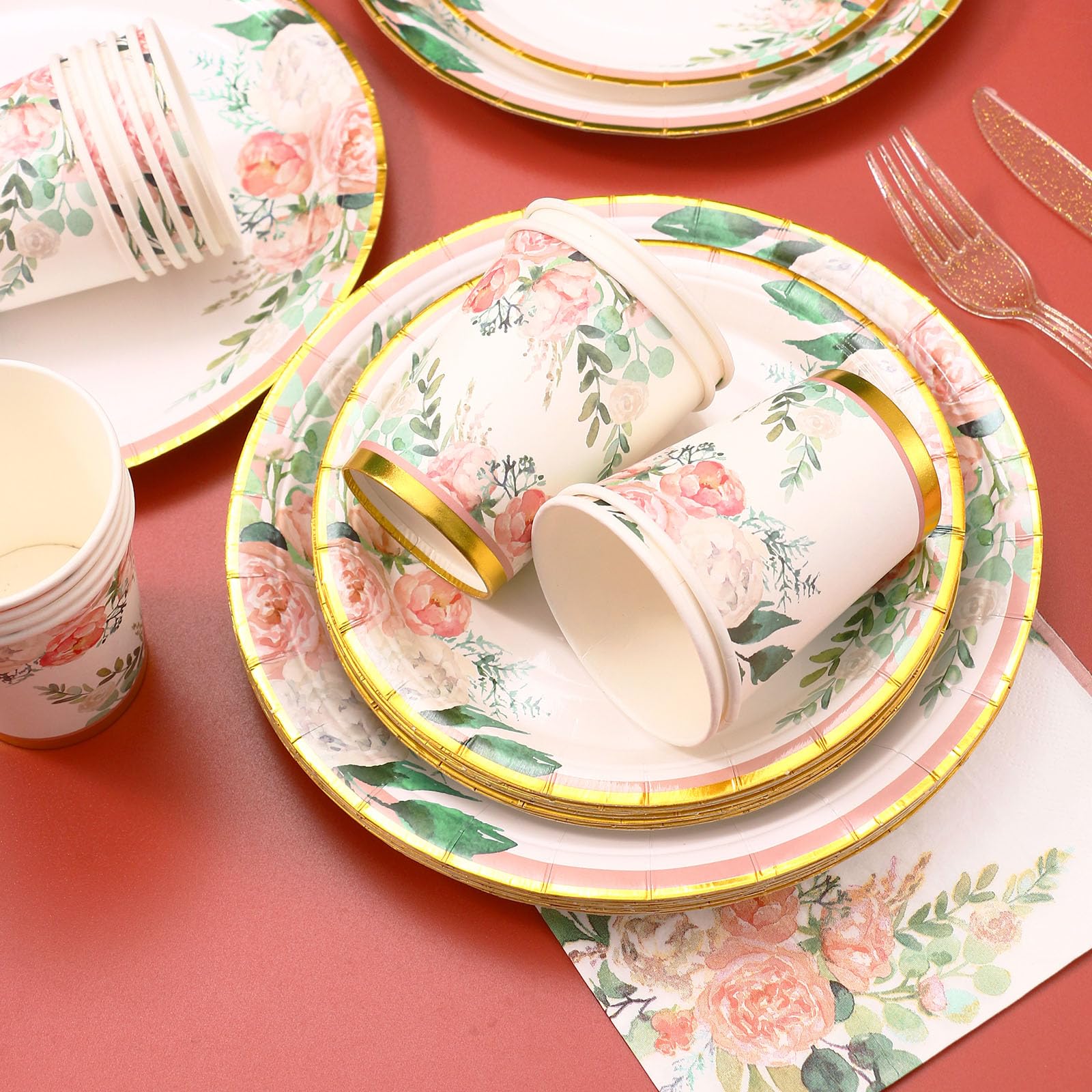 Floral Party Supplies Set for 24 Guests - Disposable Dinner Plates, Cups, Cutlery & Napkins | Perfect for Bridal Shower, Baby Shower, Birthday & Tea Party Decorations
