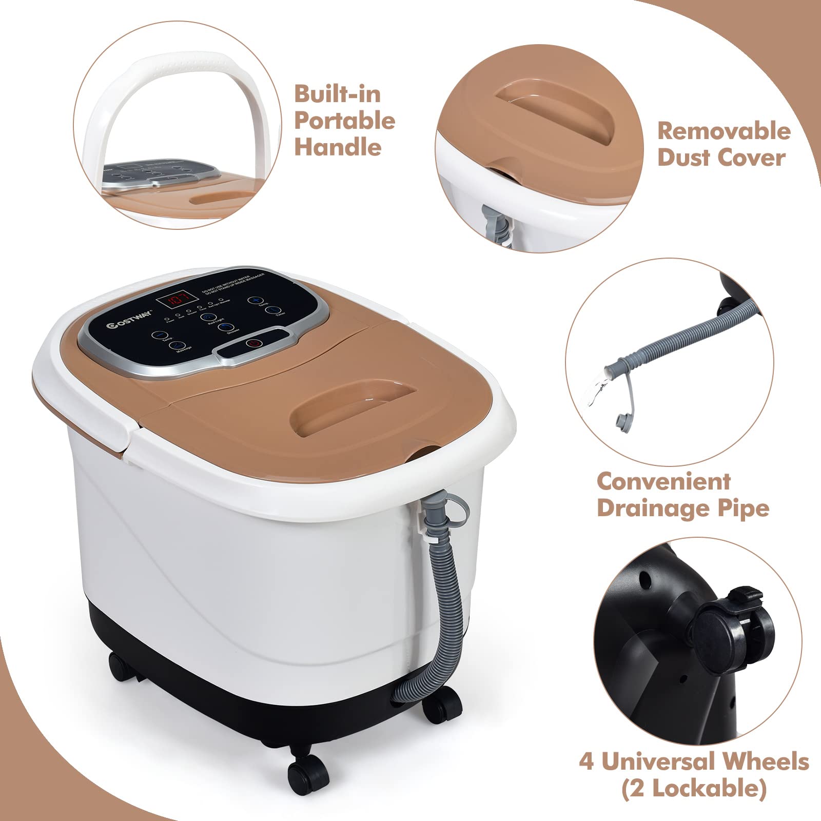 COSTWAY Electric Foot Spa Massager with Motorized Rollers, Shiatsu Massage, Heated Water, Red Light Therapy, Adjustable Temperature & Timer - Relaxing Foot Bath for Stress Relief & Circulation (Coffee) - Perfect for Home Spa, Post-Workout Recovery & Self-Care Evenings