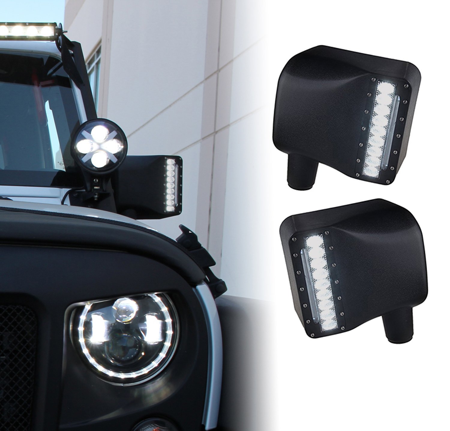 Xprite Smoke Lens LED Side Mirror with White Spot Lights & Amber Turn Signal for 2007-2018 Jeep Wrangler JK JKU - Off-Road Upgrade for Enhanced Visibility & Safety
