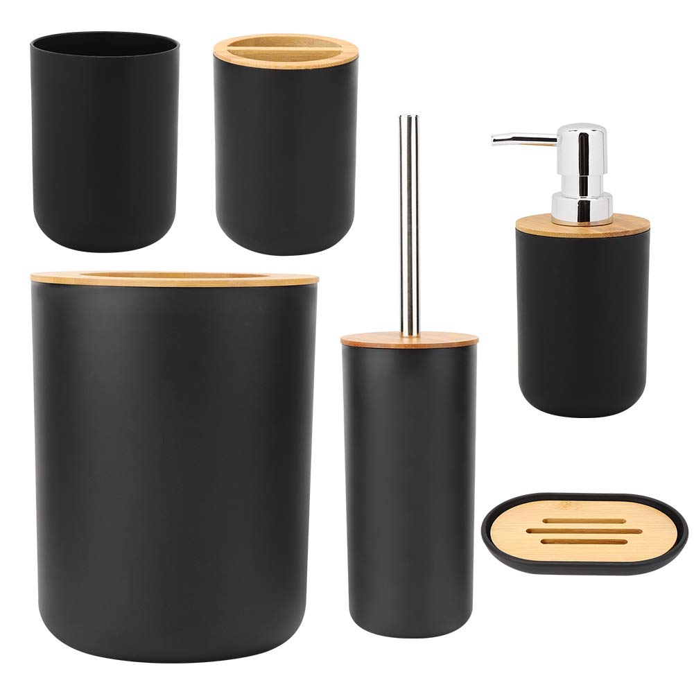 6Pcs Bathroom Accessories Set - Toilet Tool Holder, PP Plastic & Bamboo Trash Can, Lotion Bottle, Soap Tray, Toothbrush & Toilet Brush with Holder Cup (Black) - Perfect for Modern Bathroom Organization & Home Decor