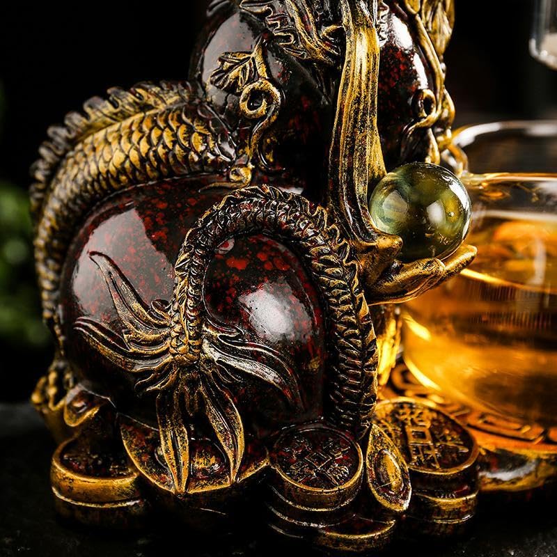 Premium Glass Teapot Set with Stainless Steel Infuser - Semi-Automatic Dragon Design Tea Set with 6 Small Cups (Red & Gold Dragon) - Perfect for Chinese Tea Ceremony, Home Decor & Gift Giving