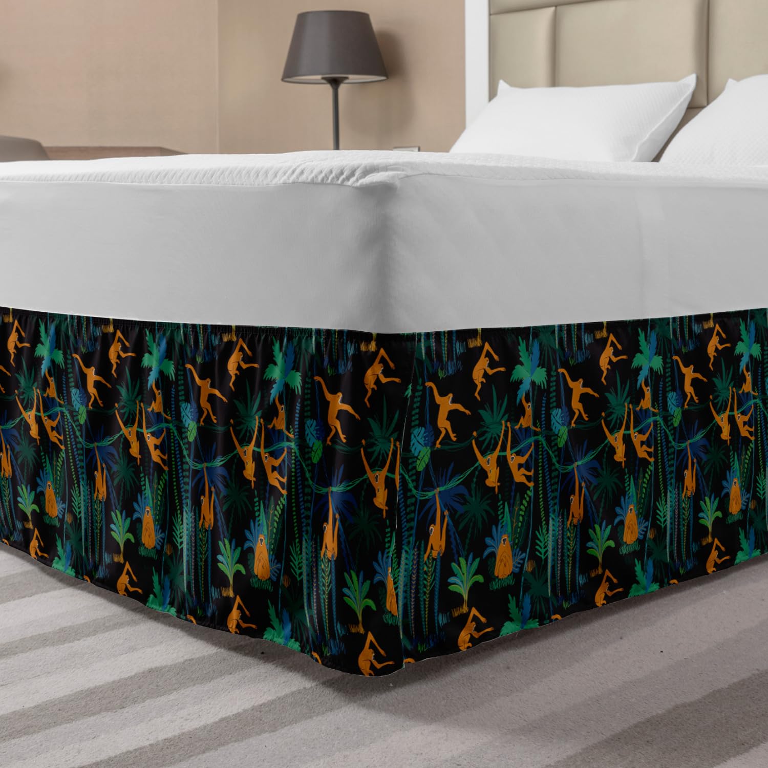 Ambesonne Monkeys Elastic Bed Skirt - King Size Charcoal Grey Multicolor Jungle Wildlife Design, Wrap Around Fabric Dust Ruffle for Bedroom Decor | Perfect for Jungle Theme Bedrooms, Kids Rooms & Wildlife Enthusiasts