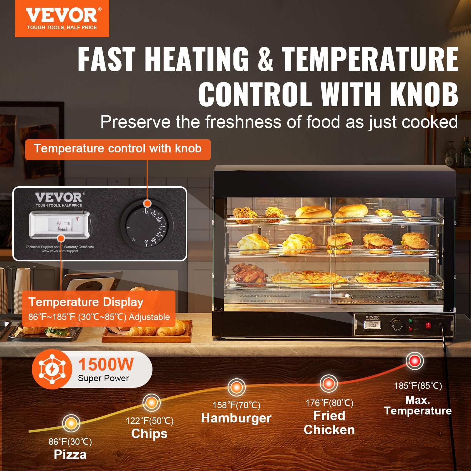 VEVOR 3-Tier Commercial Food Warmer Display - 1500W Stainless Steel Countertop Food Warmer with LED Light, Adjustable Shelves & Digital Temperature Control (86℉~185℉) - Perfect for Restaurants, Cafes & Buffets to Keep Pizza, Burgers, Fried Chicken & Bread Warm & Fresh