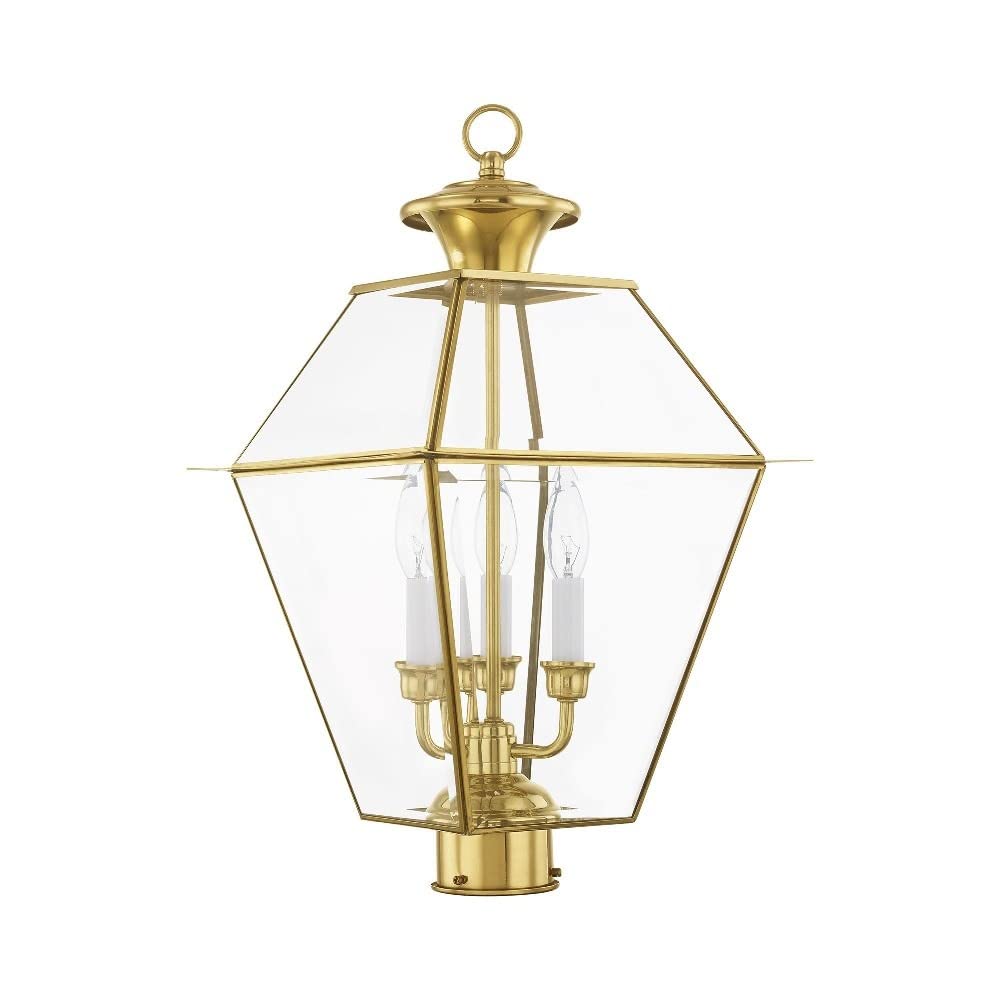 Livex Lighting 2384-02 Traditional 3-Light Outdoor Post-Top Lantern - Westover Collection, 12-Inch Cast Finish in Polished Brass - Perfect for Porch, Garden & Pathway Lighting