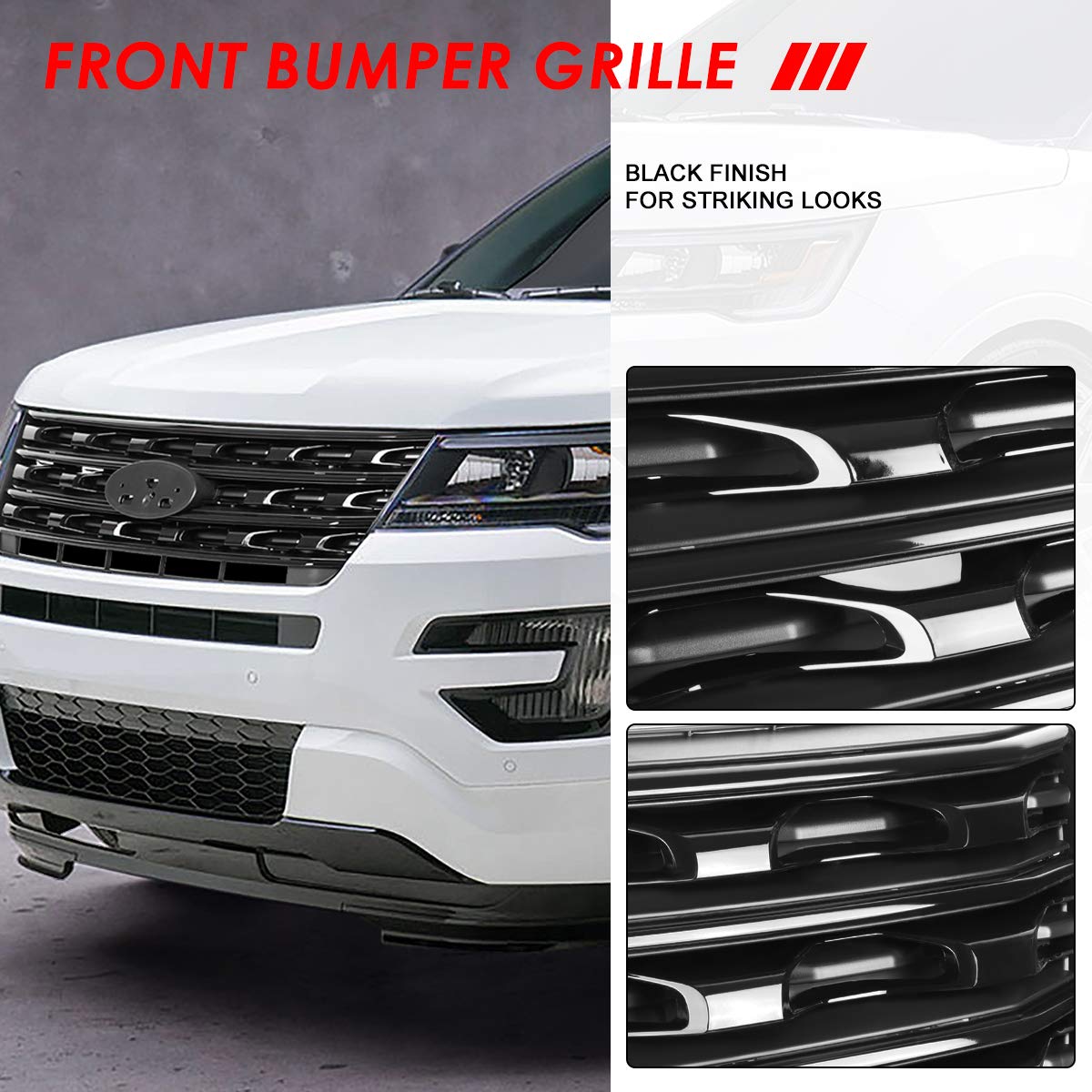 Auto Dynasty Glossy Black Front Hood Bumper Grille for 2016-2017 Ford Explorer - Factory Style Replacement with Durable ABS Plastic - Perfect for Off-Roading & Custom Car Upgrades