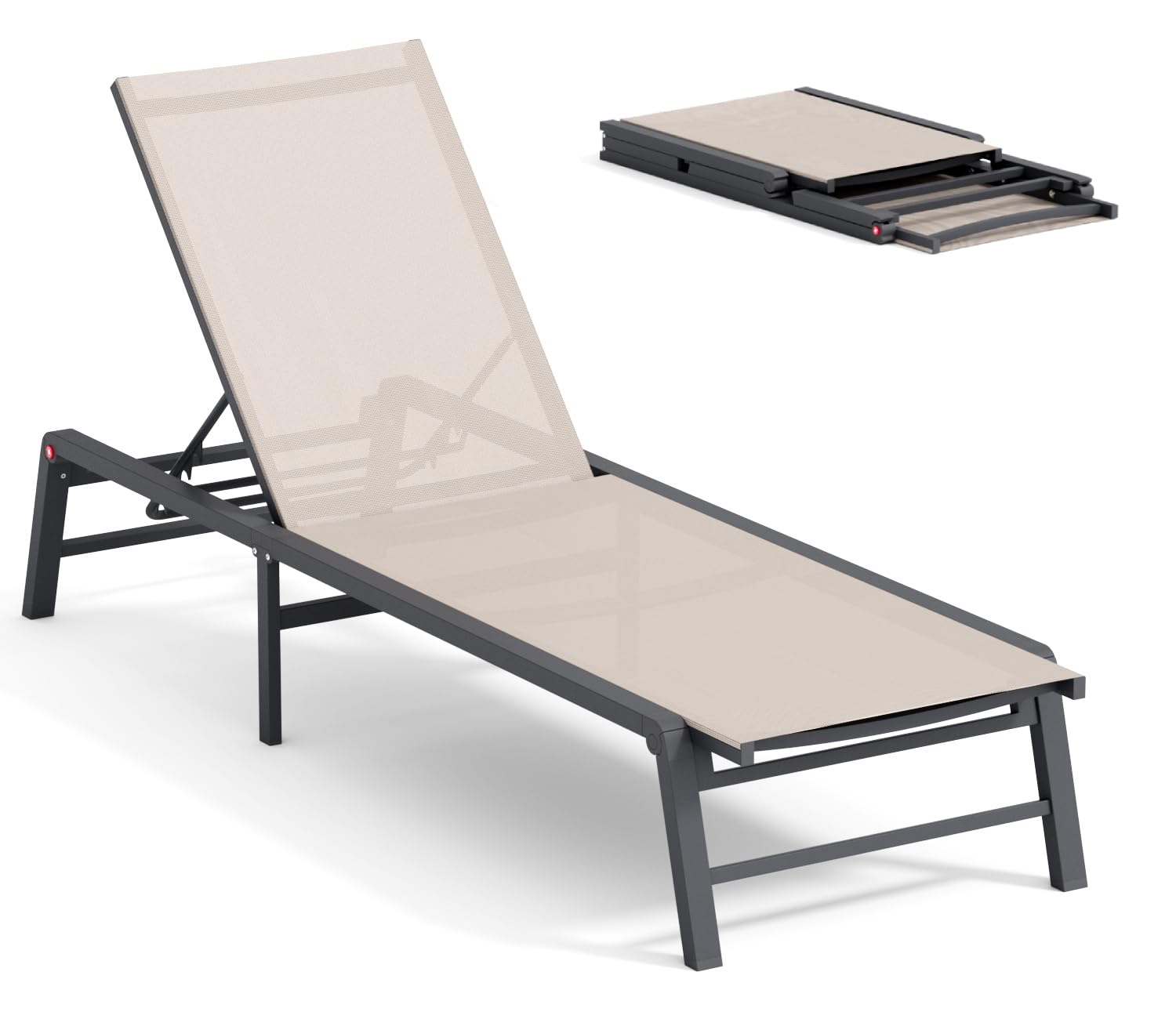 Premium Aluminum Foldable Chaise Lounge Chair - 5 Adjustable Backrest, No Assembly Required - Perfect for Poolside, Beach, Patio, and Lawn Relaxation in Beige
