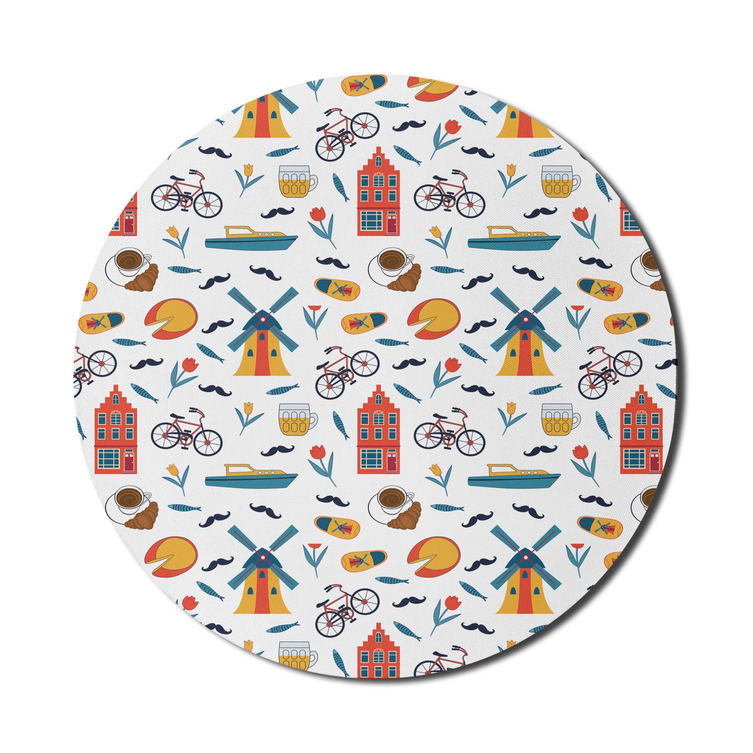 Ambesonne Colorful Round Mouse Pad for Computers & Gaming - Non-Slip Thick Rubber Base with Dutch Motifs Design - 8 Inch White & Multicolor - Perfect for Office, Home & Gaming Setups