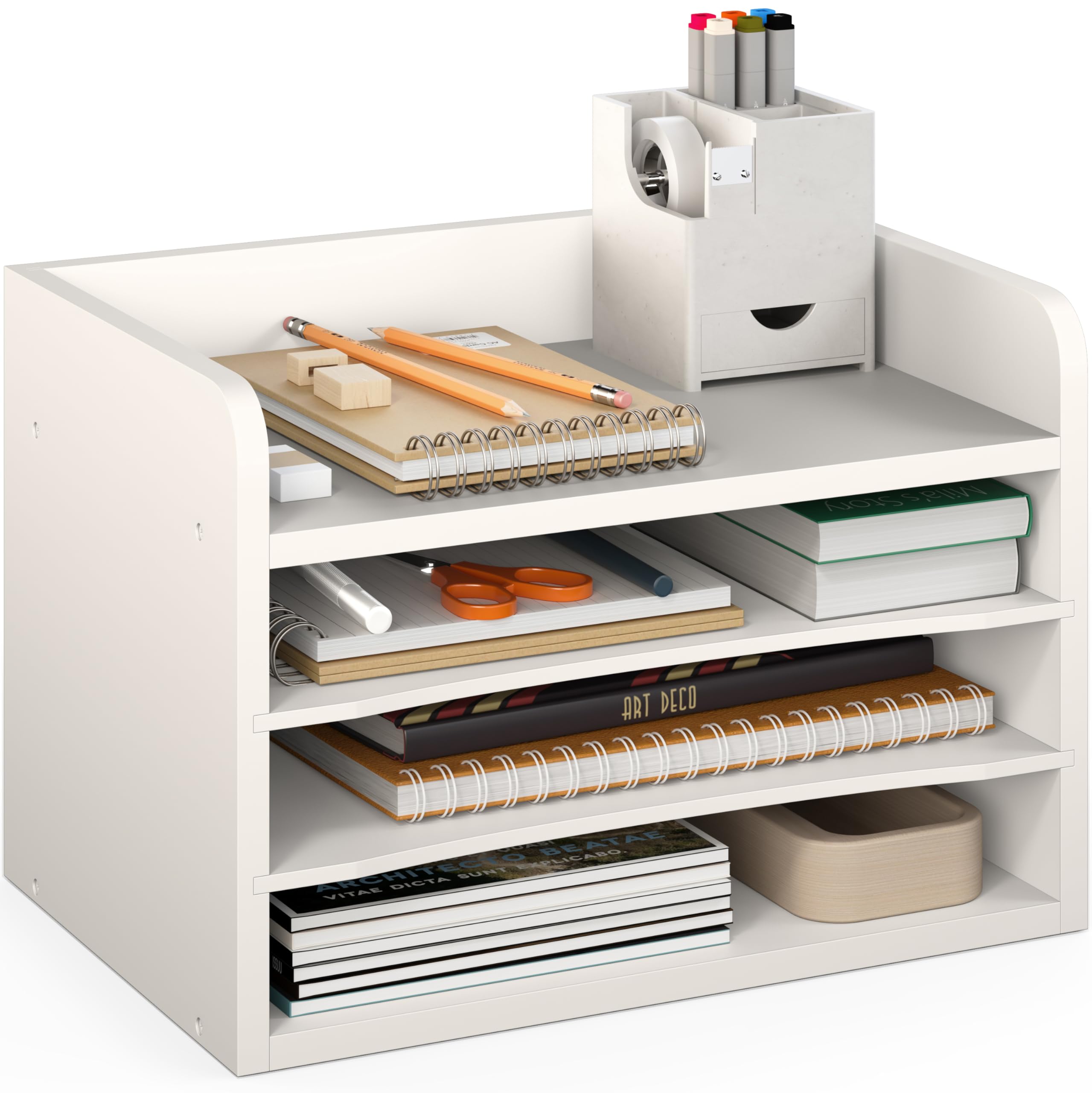 Ballucci 4-Tier Wooden File Organizer - Adjustable Open Top Desk Organizer for Office, Classroom & Home - White Paper Tray & Mail Sorter with Storage Shelves - Perfect for Documents, Letters & Office Supplies Organization