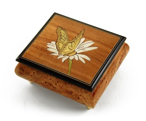 Beautiful Natural Wood Tone Butterfly & Daisy Inlay Music Box with Multiple Song Options - Perfect for Romantic Gifts, Wedding Favors, and Home Decor