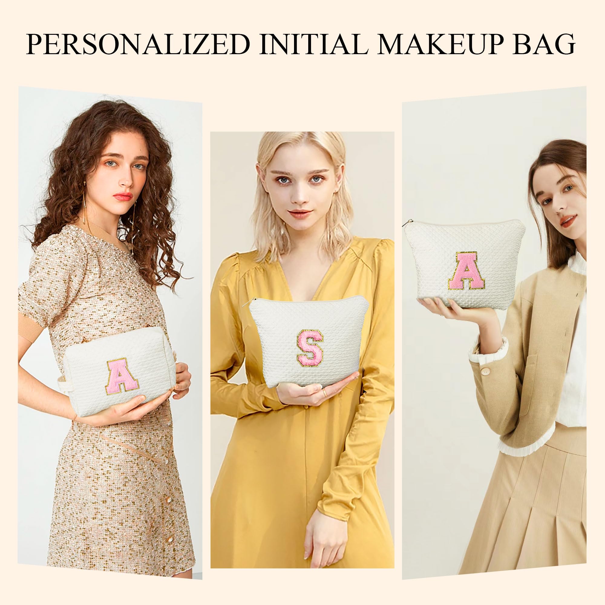 YOOLIFE Personalized Monogram Initial Makeup Bag for Women - Cute Cosmetic Travel Toiletry Pouch, White Makeup Organizer for Daily Use, Gifts & Travel Essentials