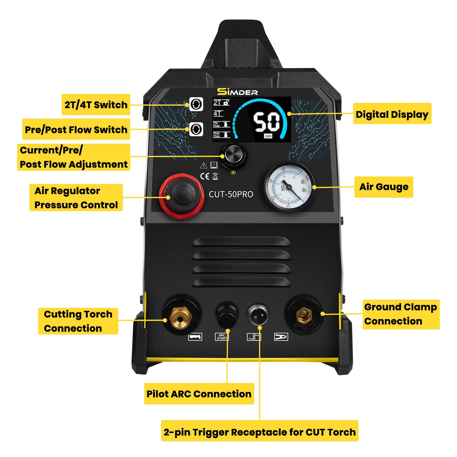 EU SSIMDER CUT 50 PRO Pilot Arc Plasma Cutter - 50Amp Industrial Metal Cutting Tool with Dual Voltage 110V/220V for Steel, Stainless Steel & Aluminum - Perfect for Automotive Repair, Metal Fabrication & DIY Projects