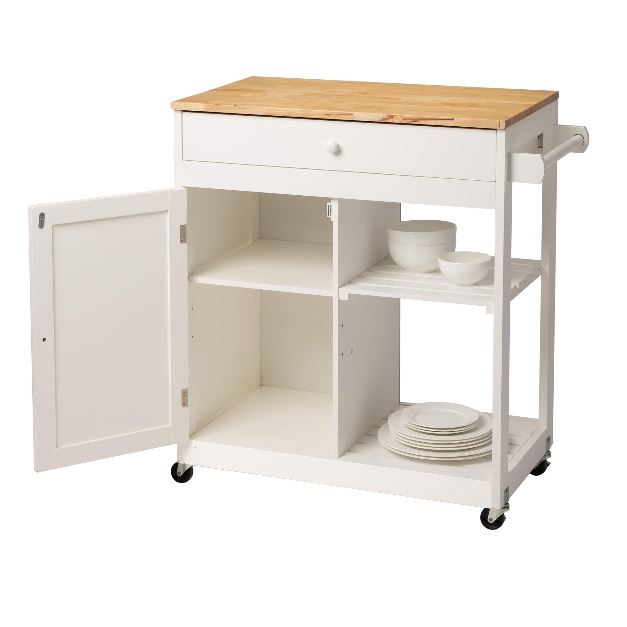 Glitzhome White Rolling Kitchen Cart with Wood Top and Storage - 34.45