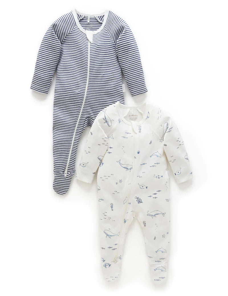 Purebaby Organic Cotton Zip Growsuit 2-Pack - Vanilla Nautical Stripes | Soft Baby Sleepwear for Boys & Girls | Perfect for Nursery, Daycare & Playtime